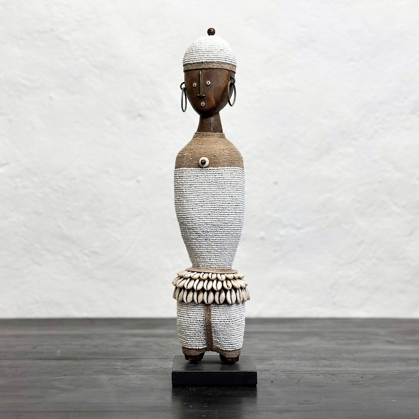White Beaded Namji Doll with Cowrie Belt - Cameroon