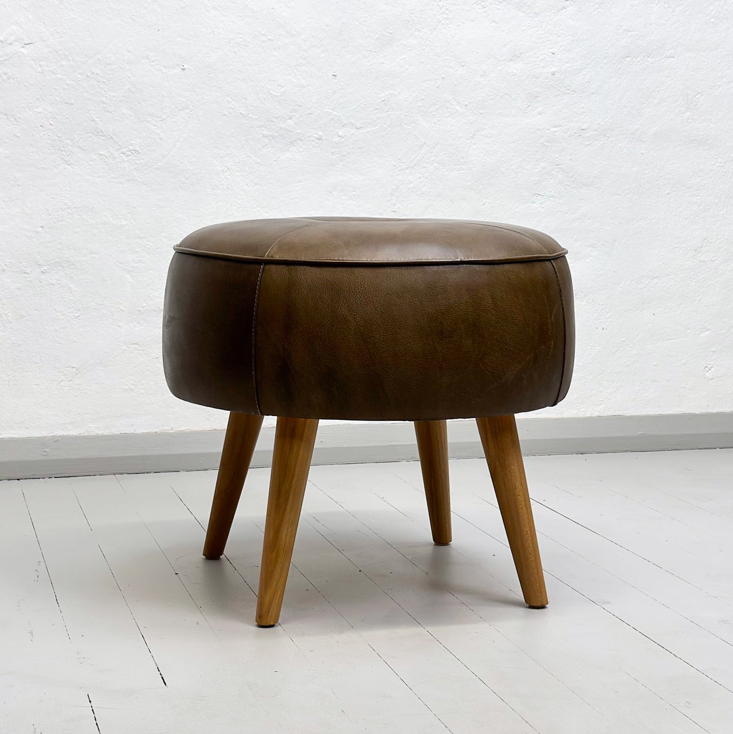 Leather Ottoman with Natural Leg