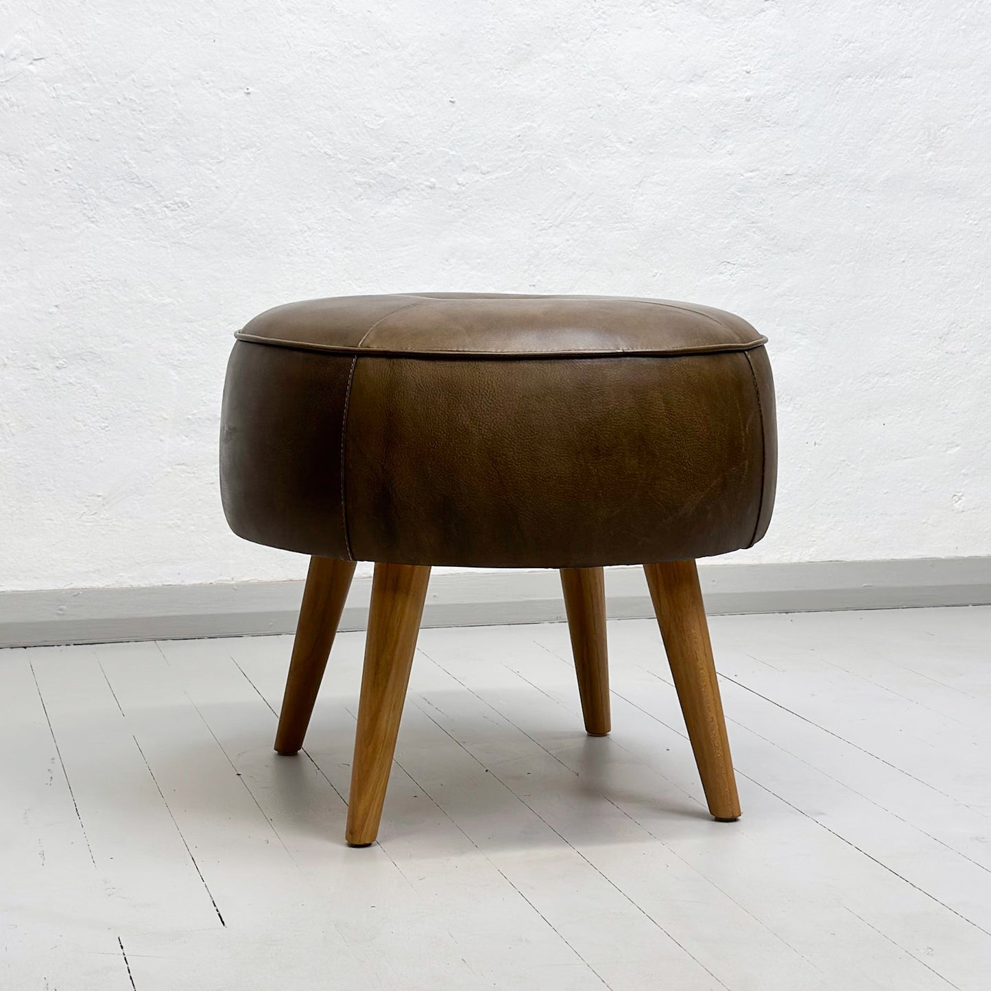 Leather Ottoman with Natural Leg