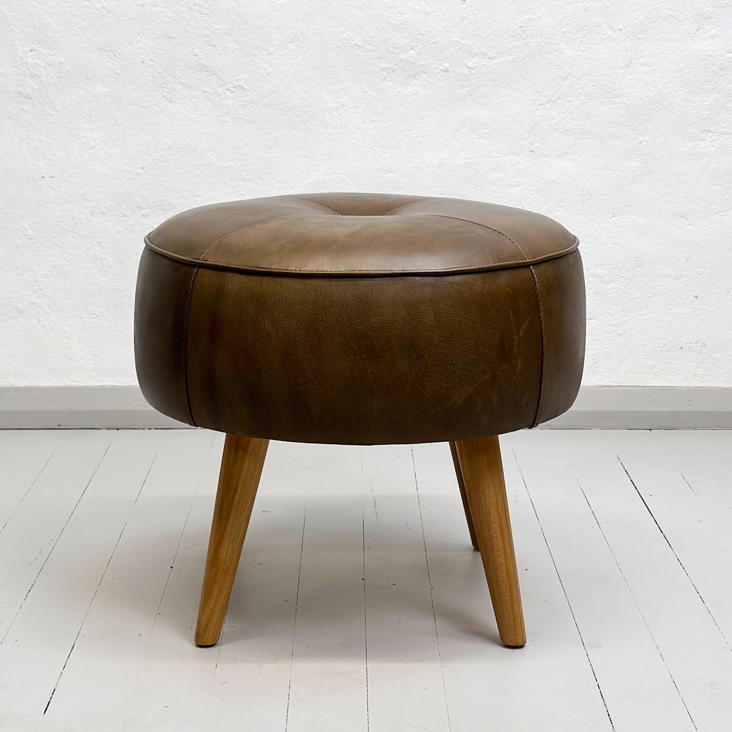 Leather Ottoman with Natural Leg