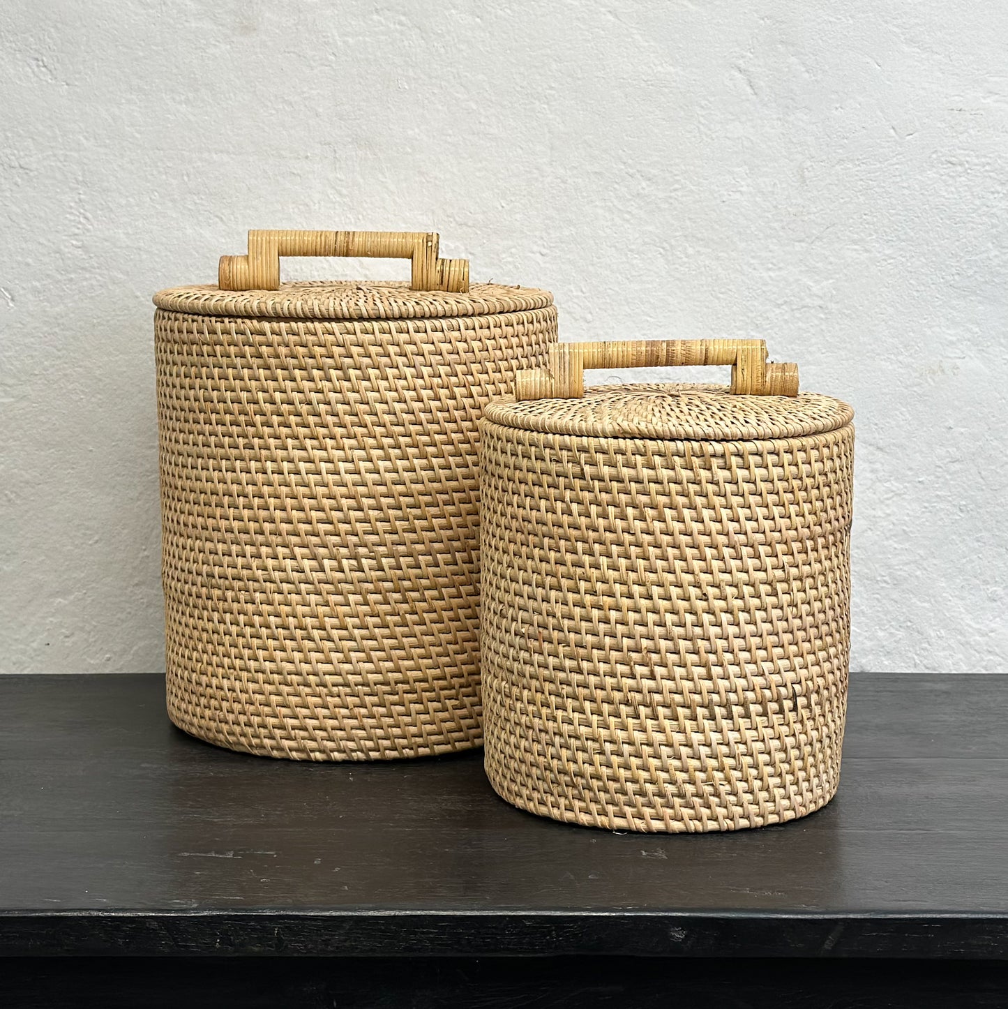 Round Rattan Bin Basket with Handled Lid