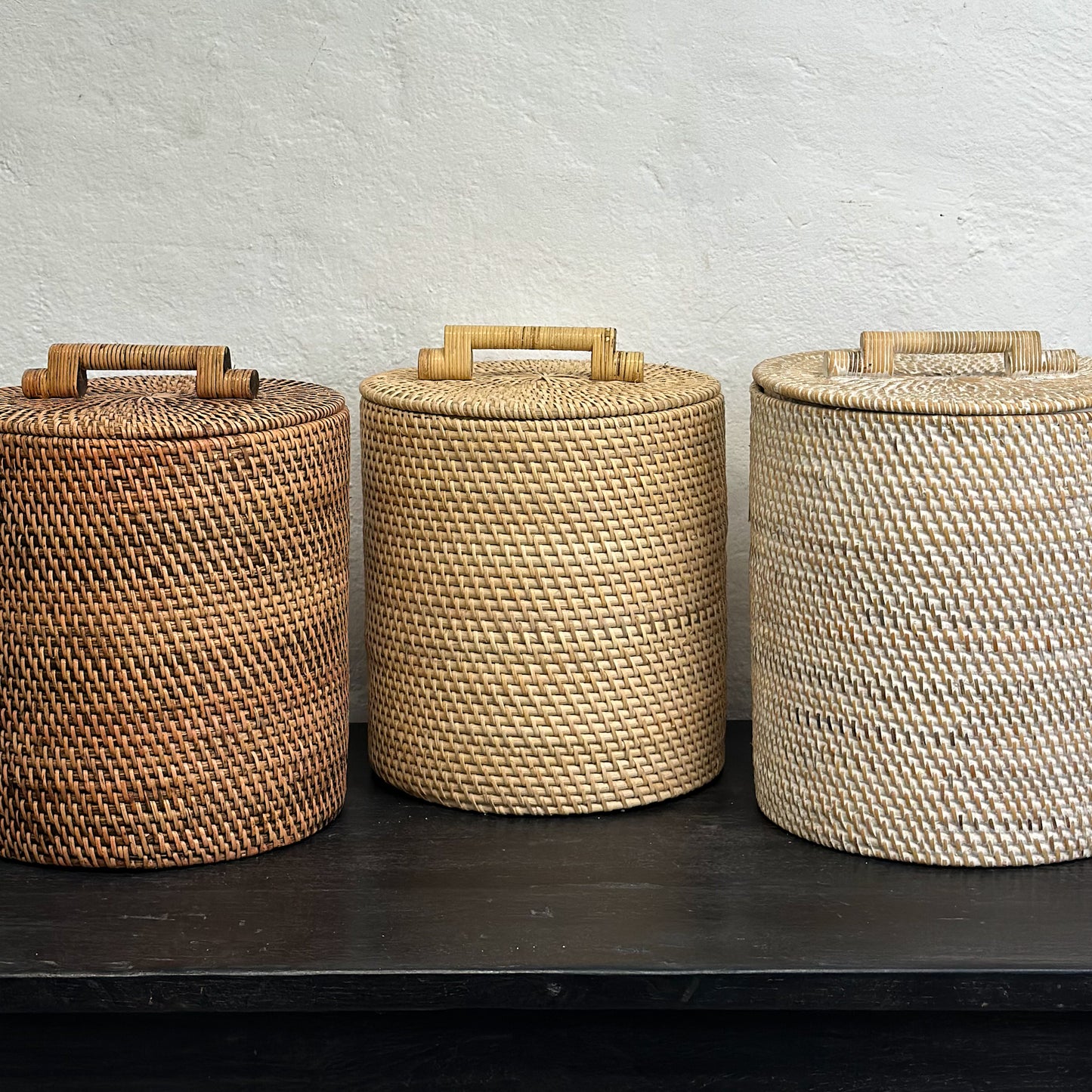 Round Rattan Bin Basket with Handled Lid