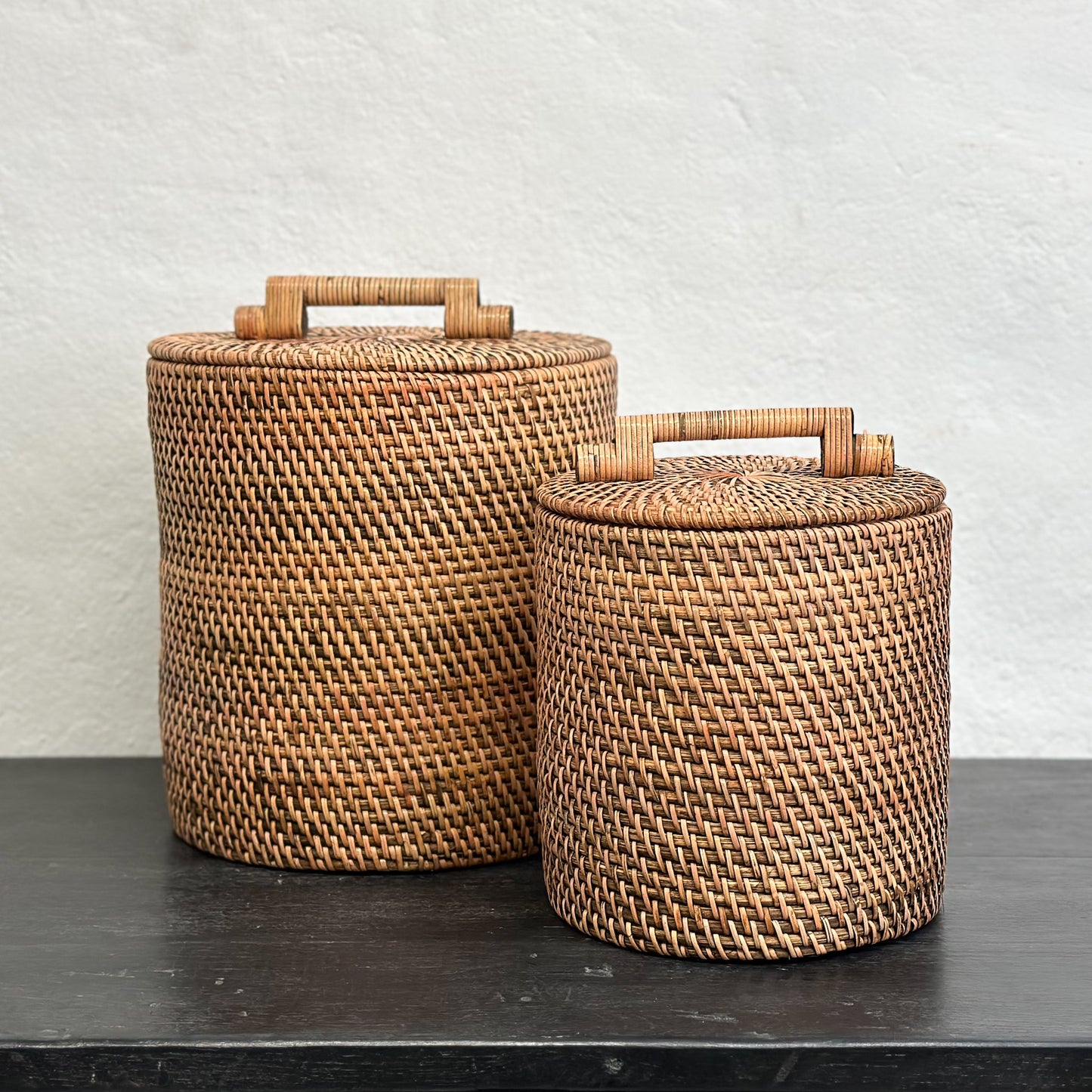 Round Rattan Bin Basket with Handled Lid