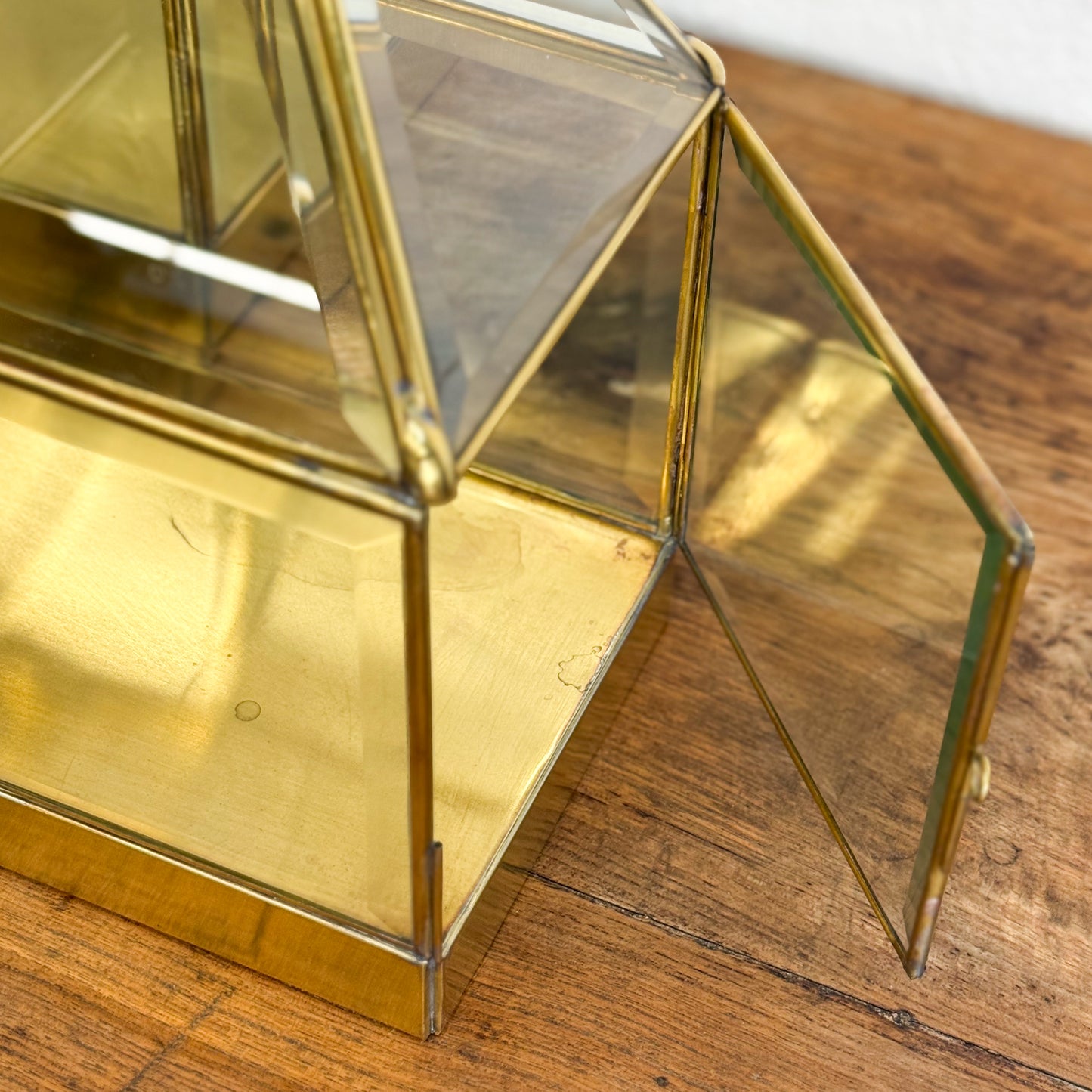 Brass geometric terrarium on a wooden surface