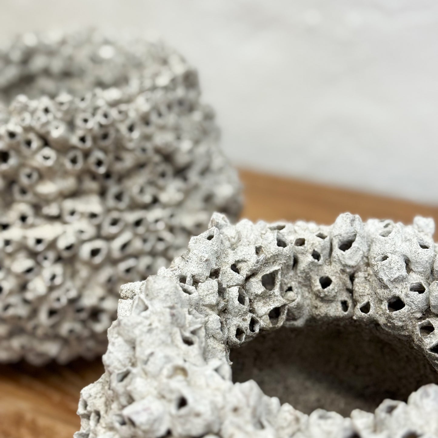 Decorative coral-like objects on a wooden surface with a blurred background