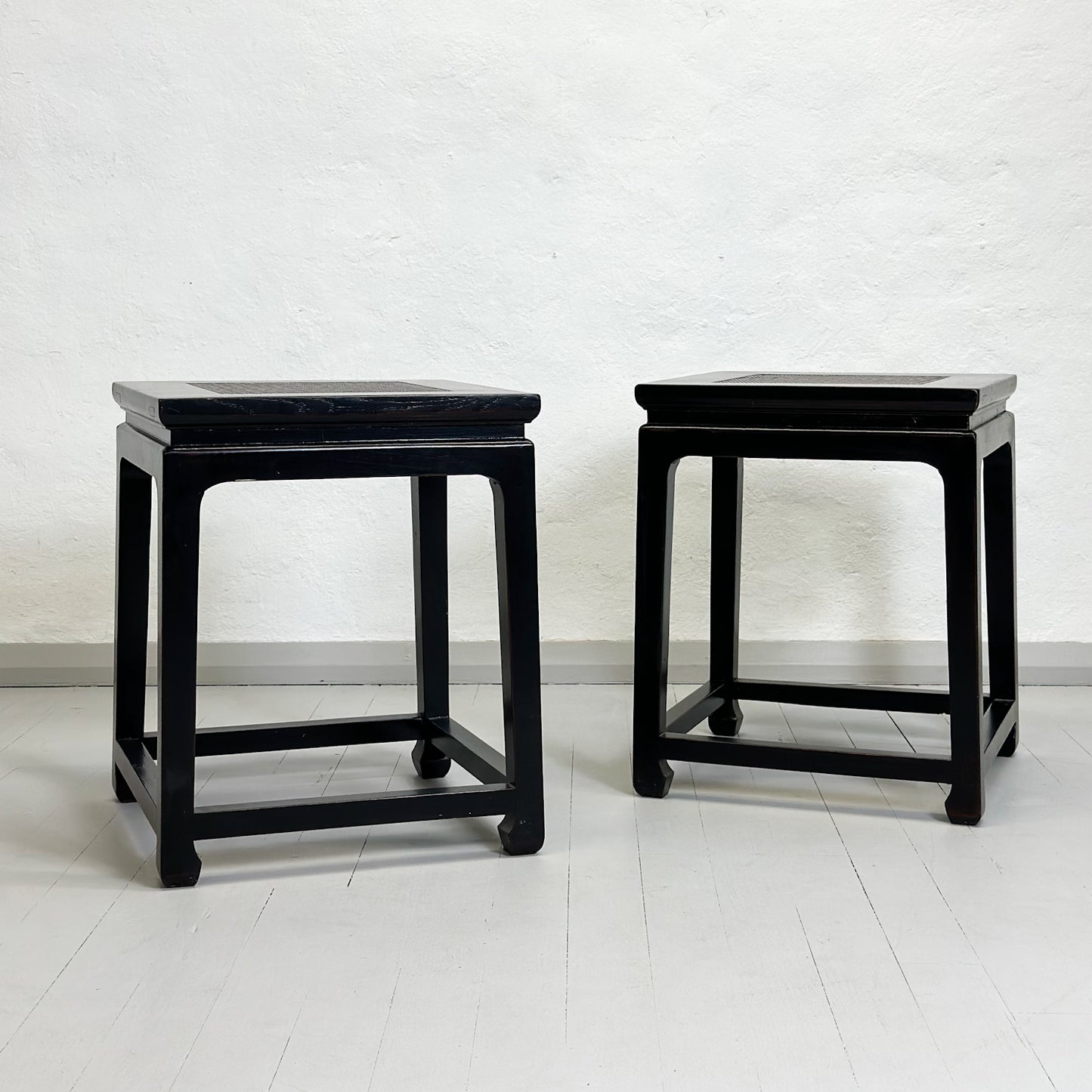 Rattan Inlay Side Table with Foot Brace