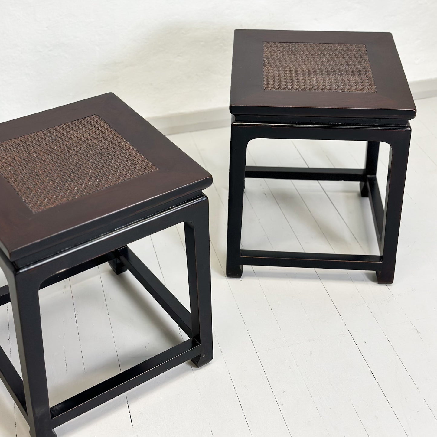Rattan Inlay Side Table with Foot Brace
