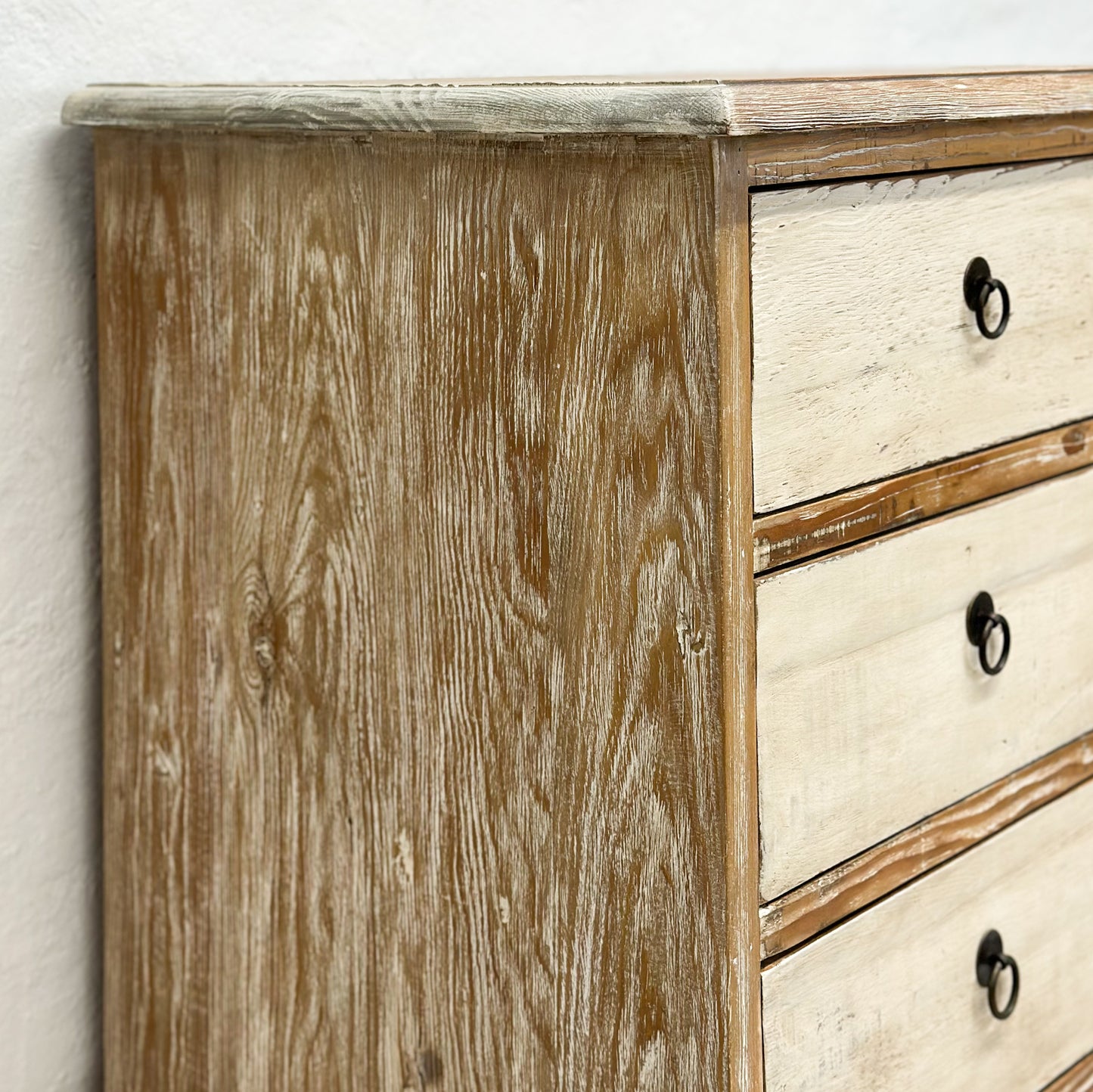-Rustic-Distressed-Painted-5-Drawer-Chest-of-Drawers-Chinese-White-Natural-Vintage-Antique-Farmhouse