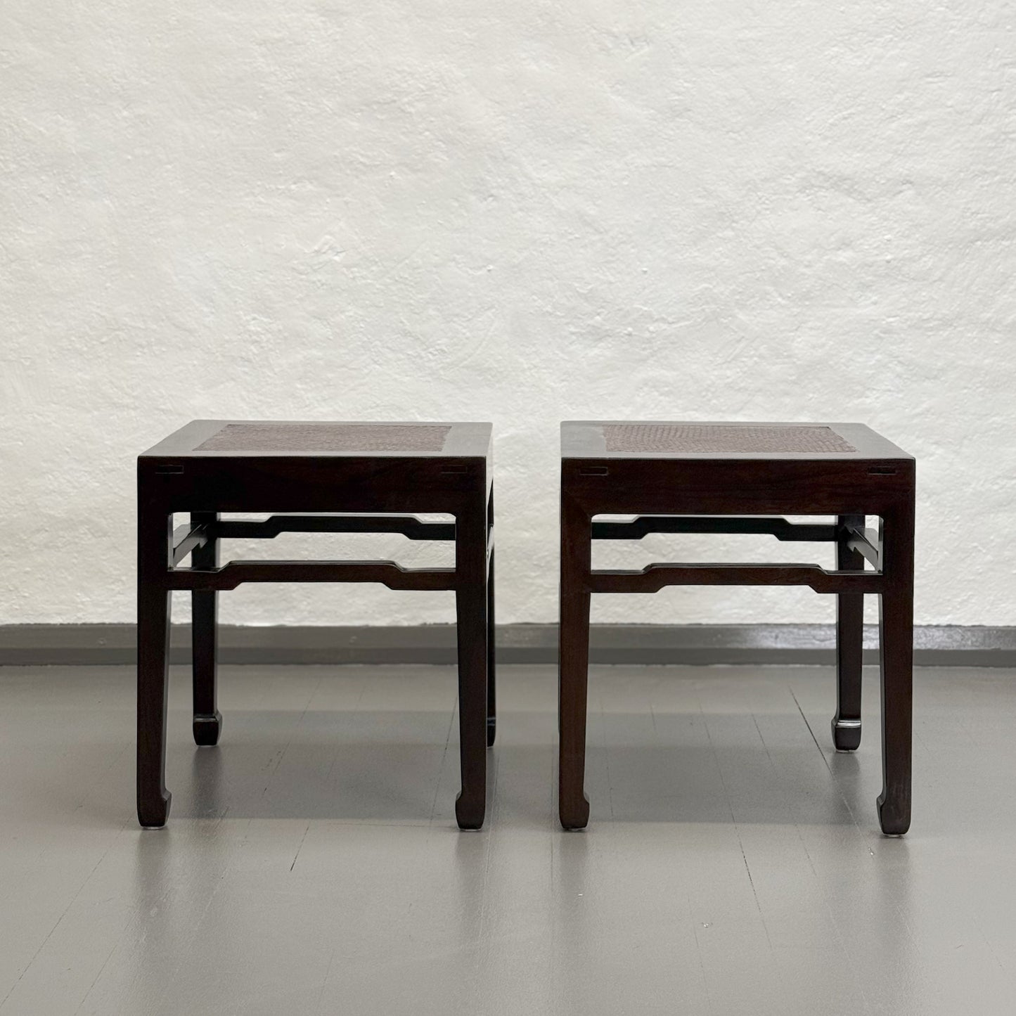 Vintage Elm Side Table with Rattan Inlay