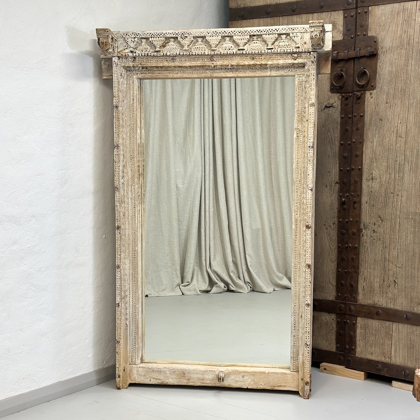 Carved Bleached Timber Mirror | Rajasthan