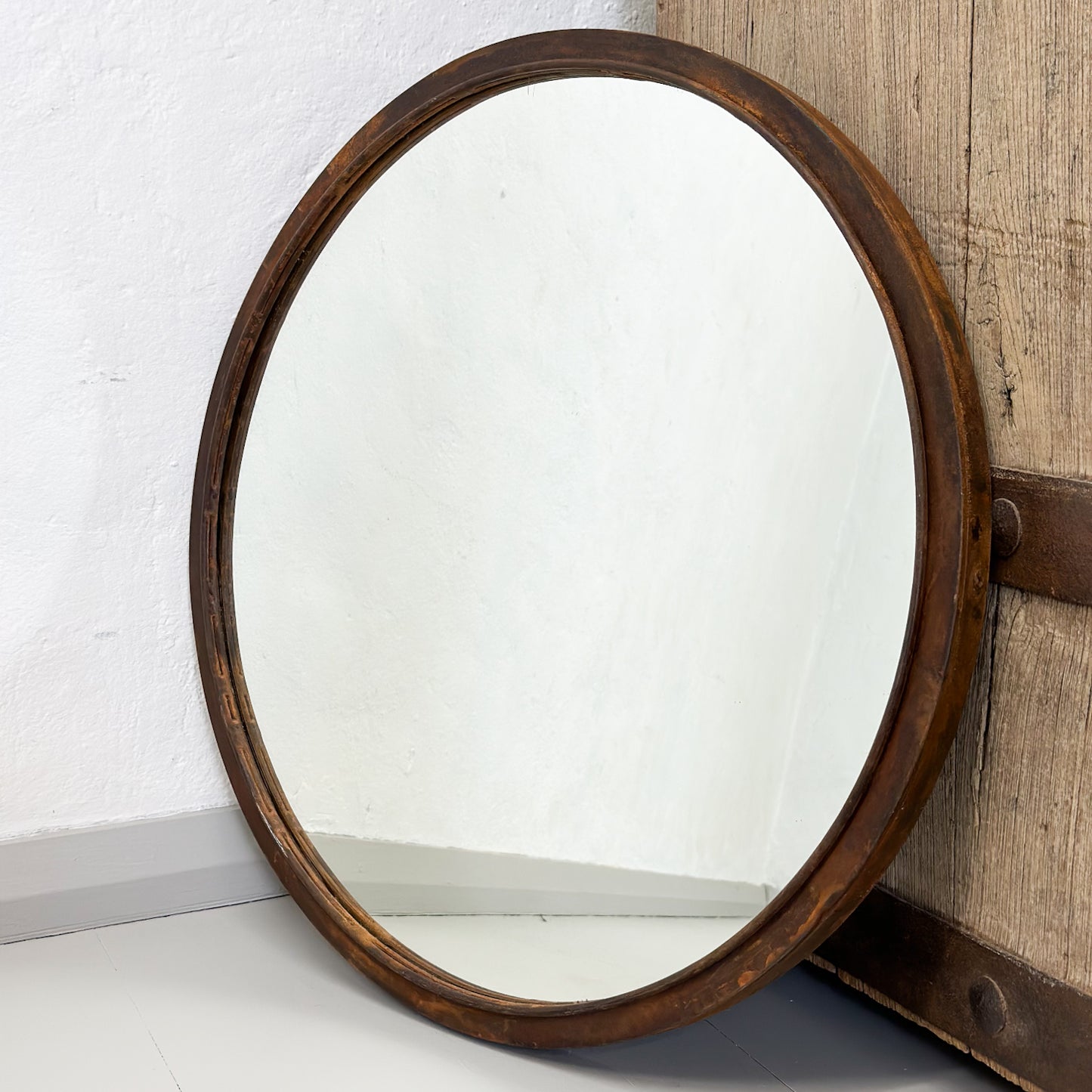 Round Rusted Steel Frame Mirror