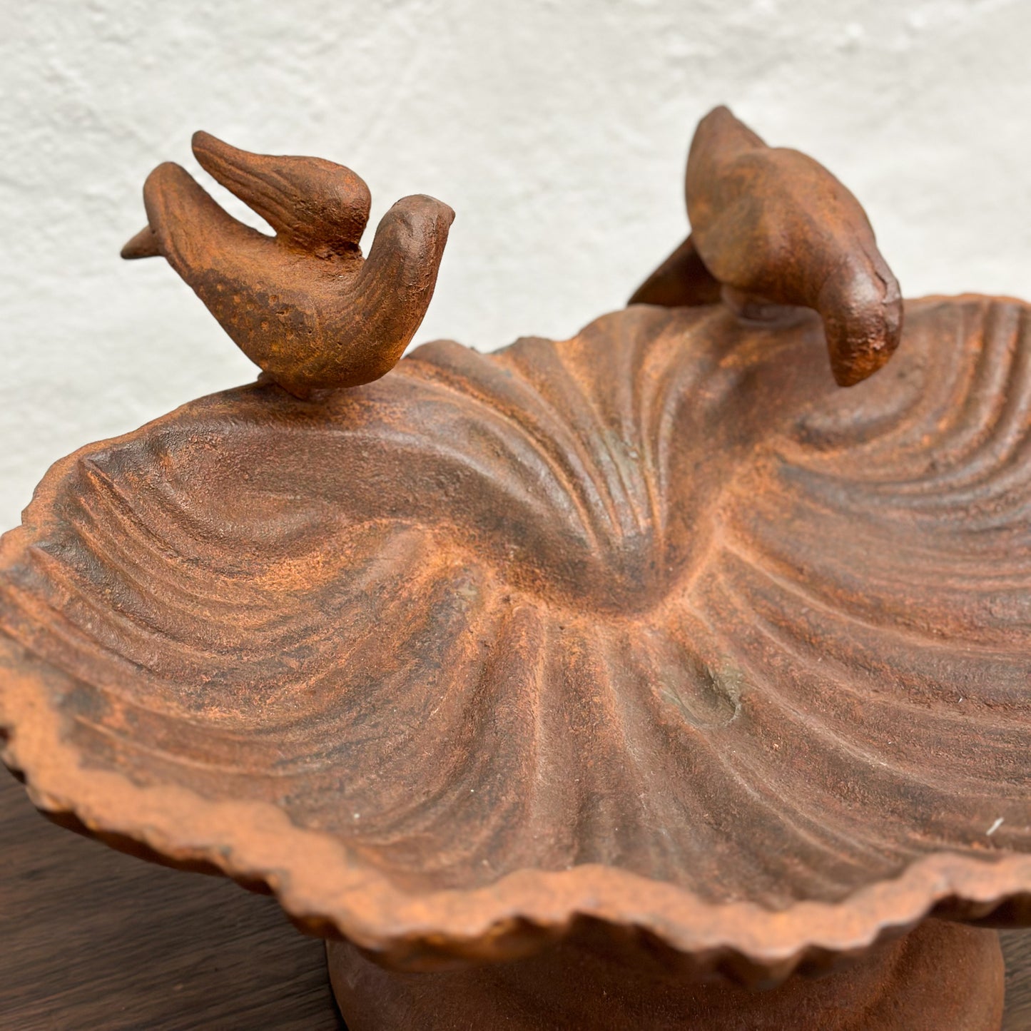 Rusted Cast Iron Clam Shell Bird Bath