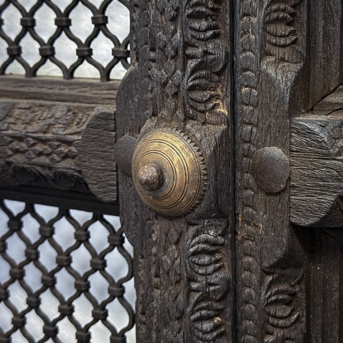 Decorative wooden door with intricate carvings and a gold metallic handle.