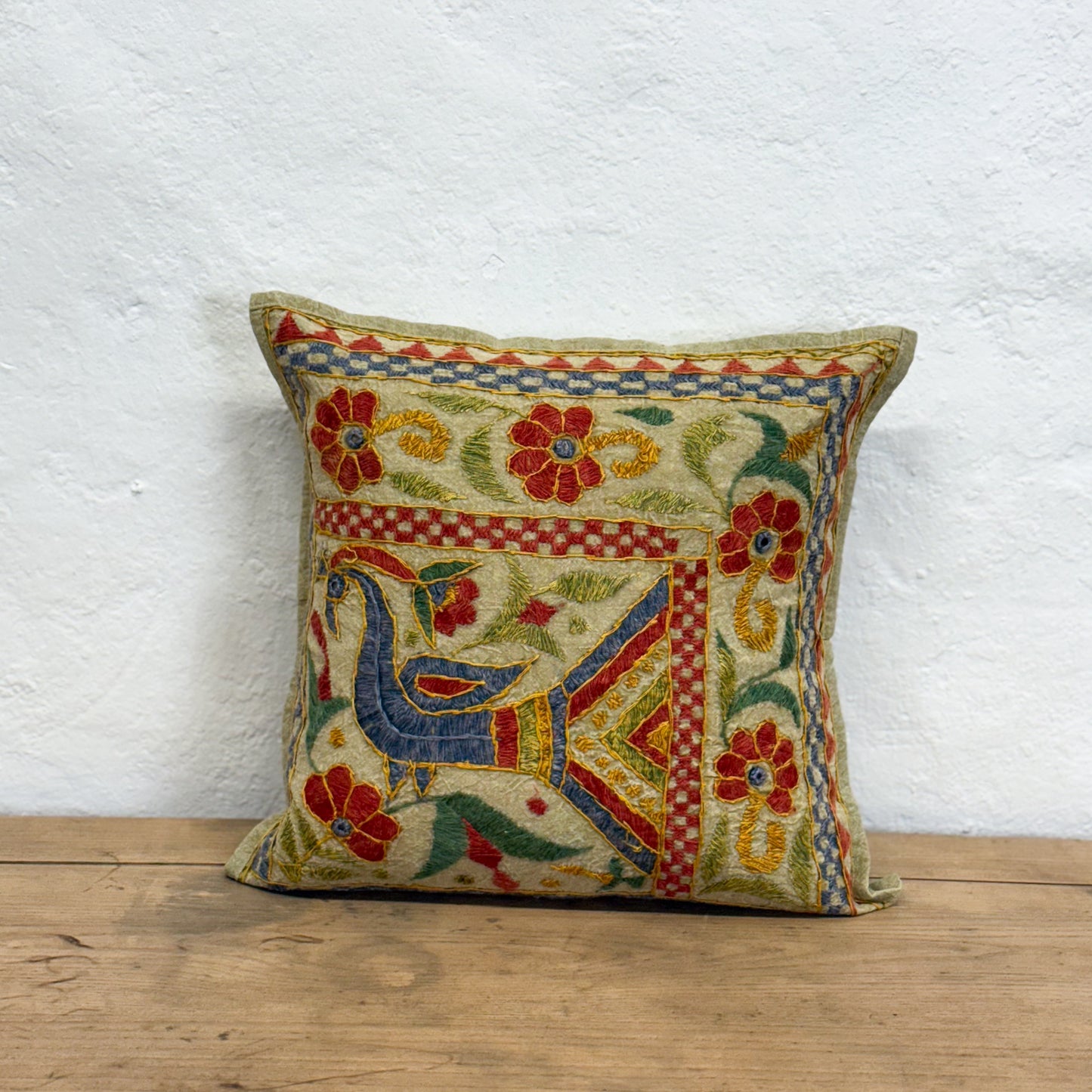 Sage Peacock Embroidered Cushion