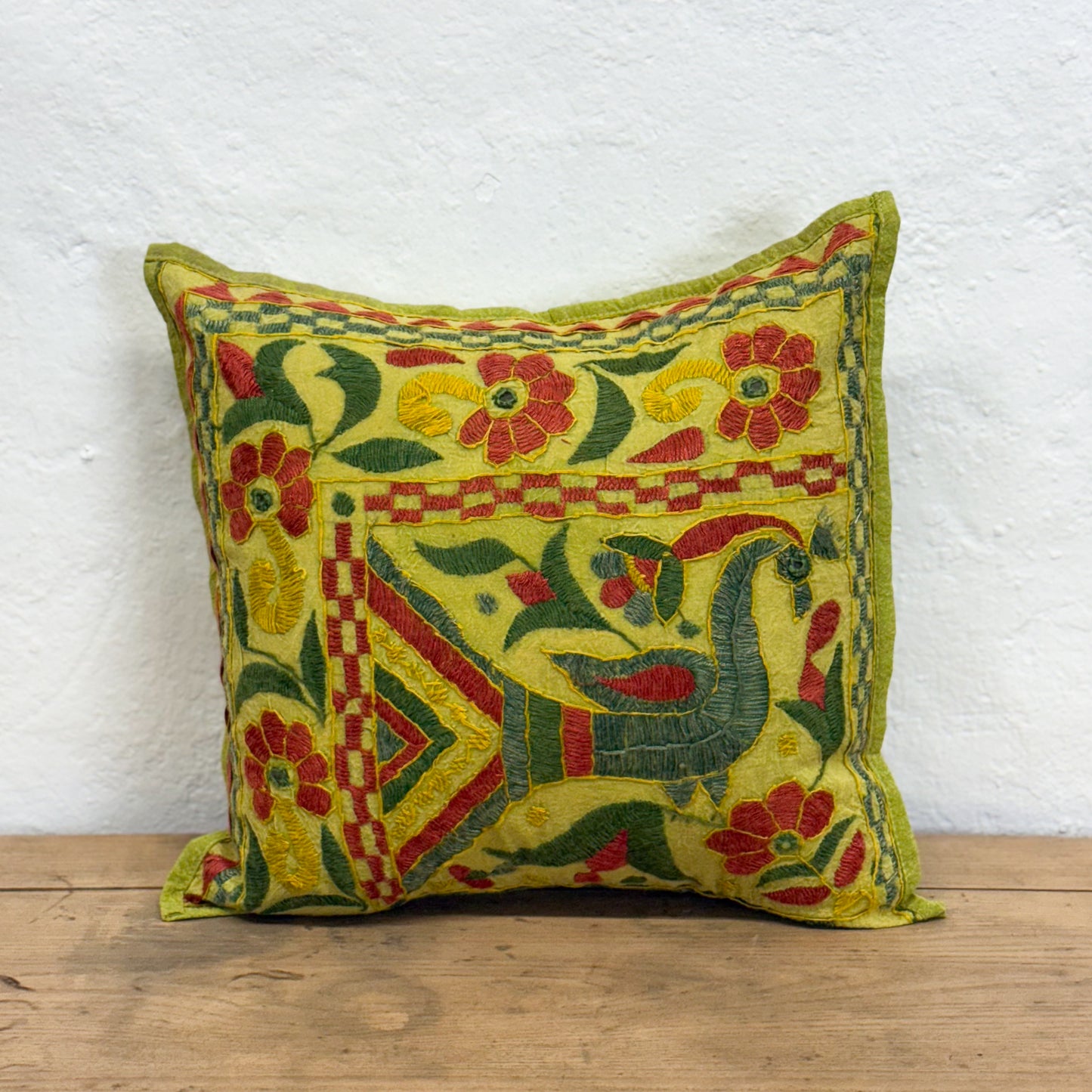 Lime Peacock Embroidered Cushion