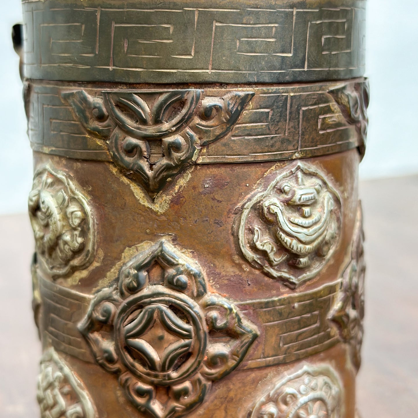 Embellished Copper & Bronze Nepalese Rice Container