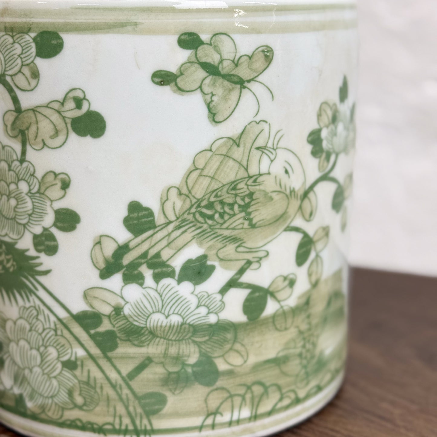 Green Bird & Peony Porcelain Paint Brush Holder