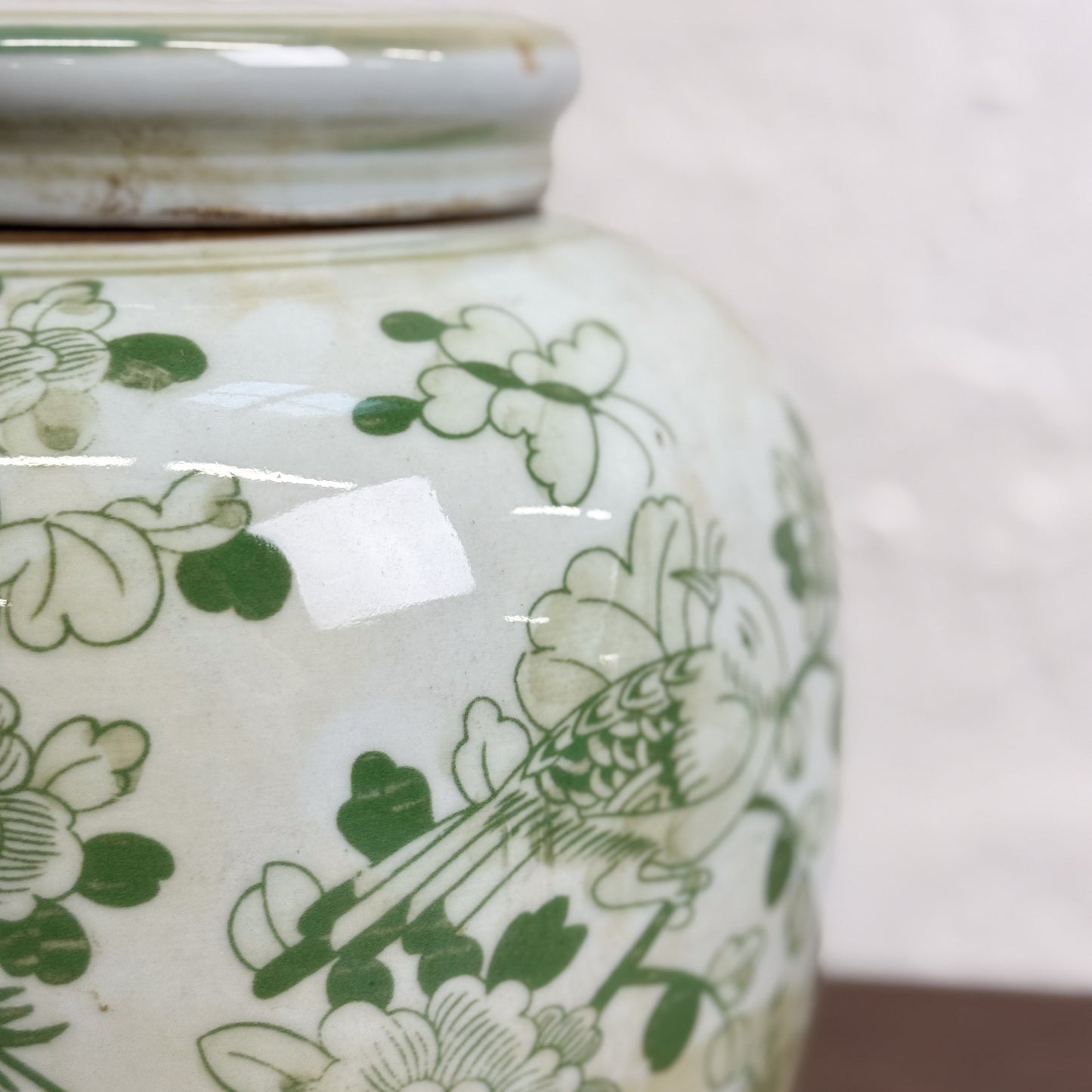 Green Bird & Peony Porcelain Ginger Jar