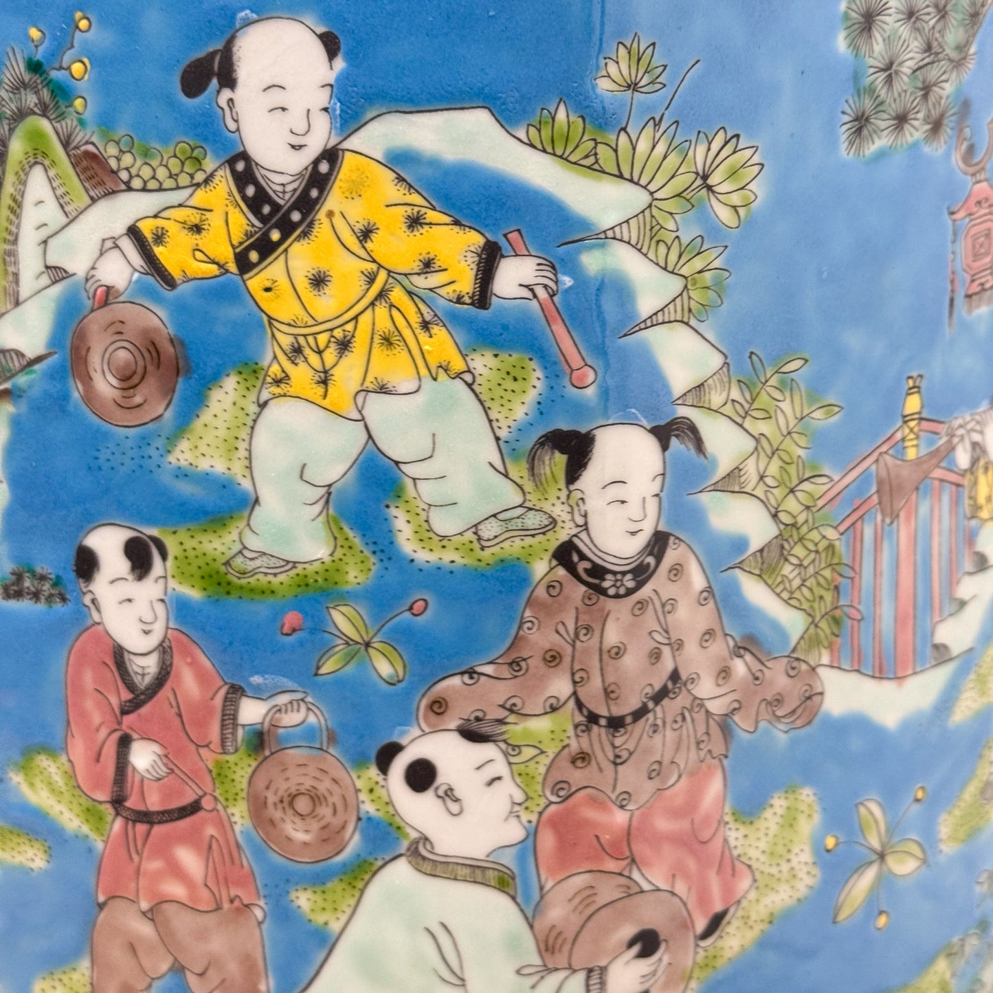 Village Children Hexagonal Porcelain Jar