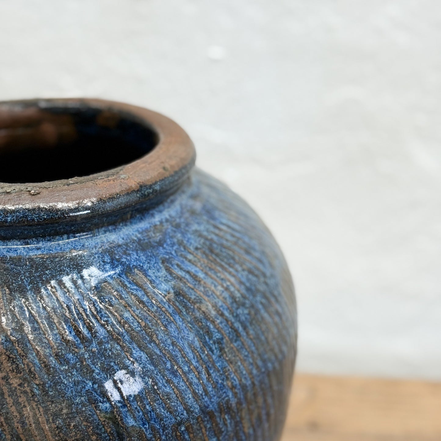Scored Blue Glazed Pot