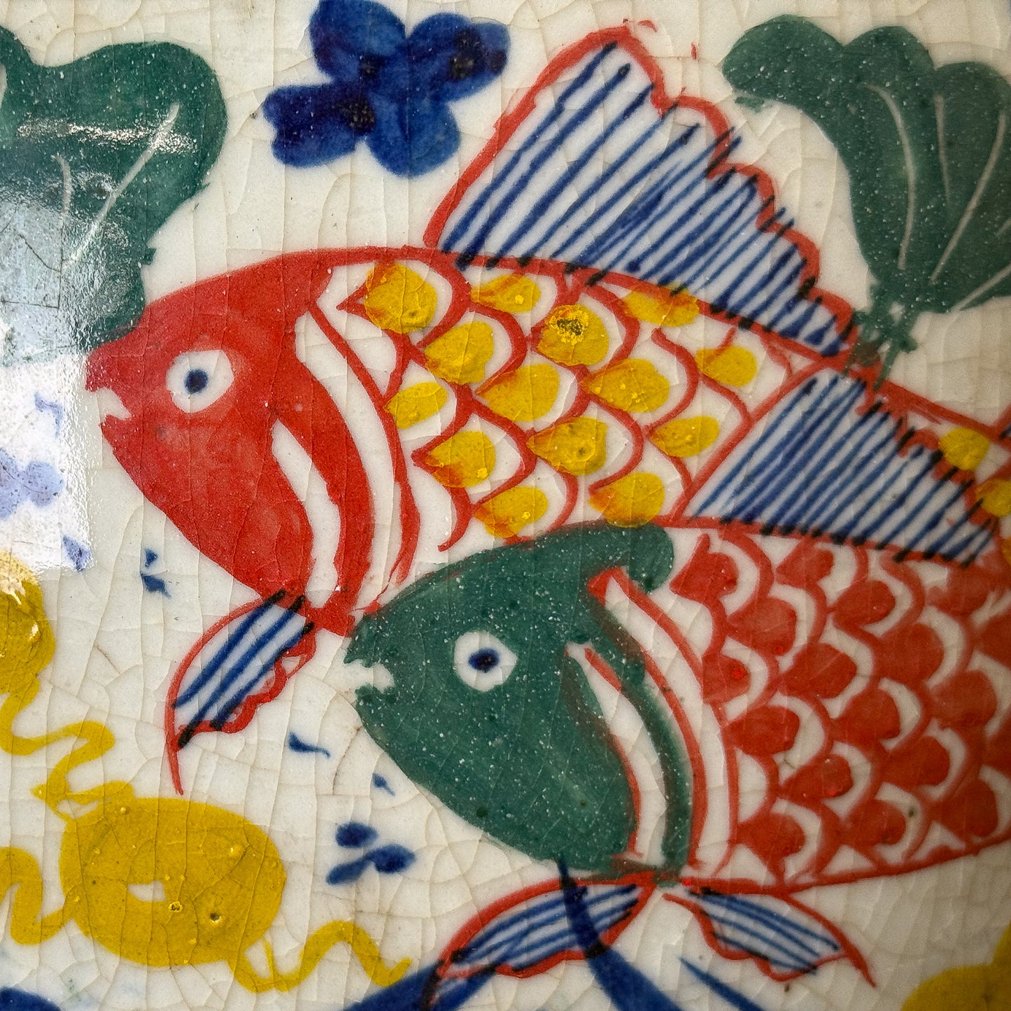 Colorful fish design on a ceramic tile with blue, red, and green colors.