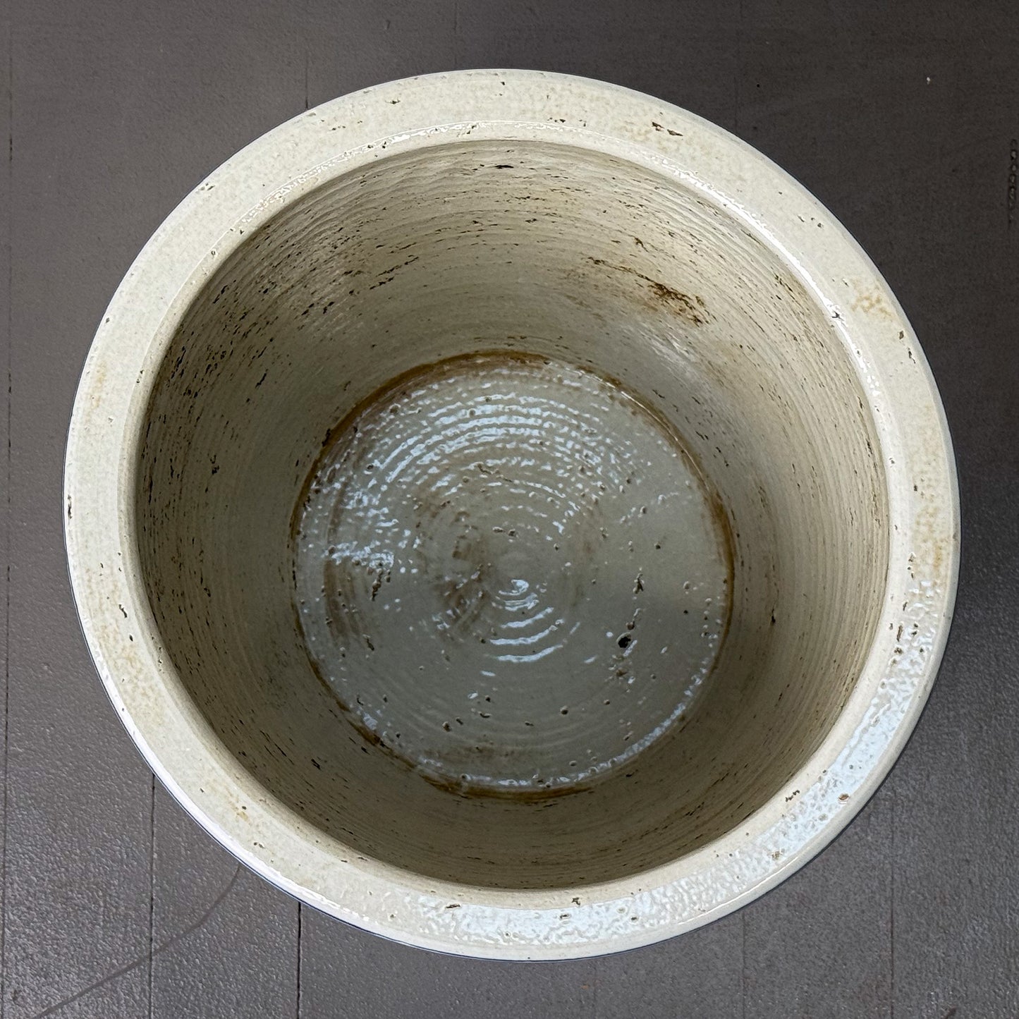 White ceramic planter on a dark wooden surface