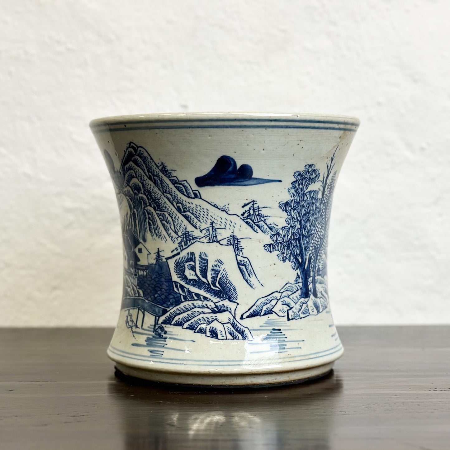 Chinese-Blue-and-White-Porcelain-Hourglass-Planter-Mountain-Scene