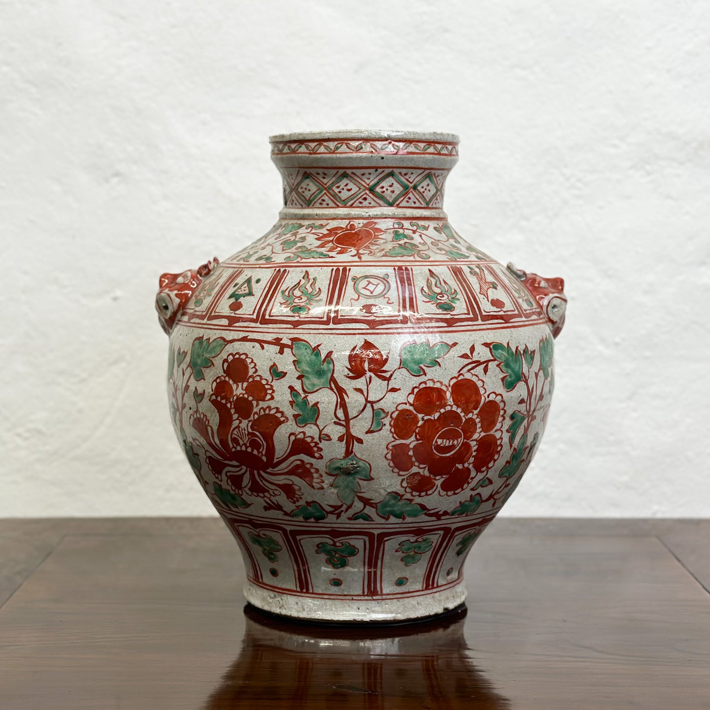 Squat Red & Green Vase with Foo Dog Handles