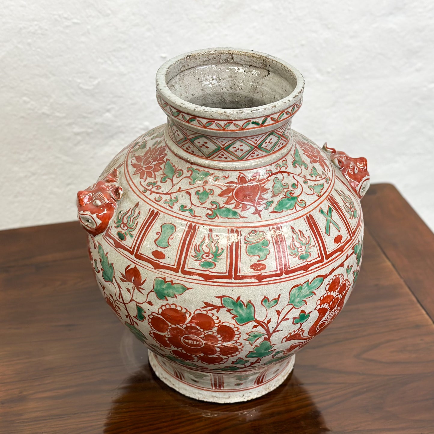 Squat Red & Green Vase with Foo Dog Handles
