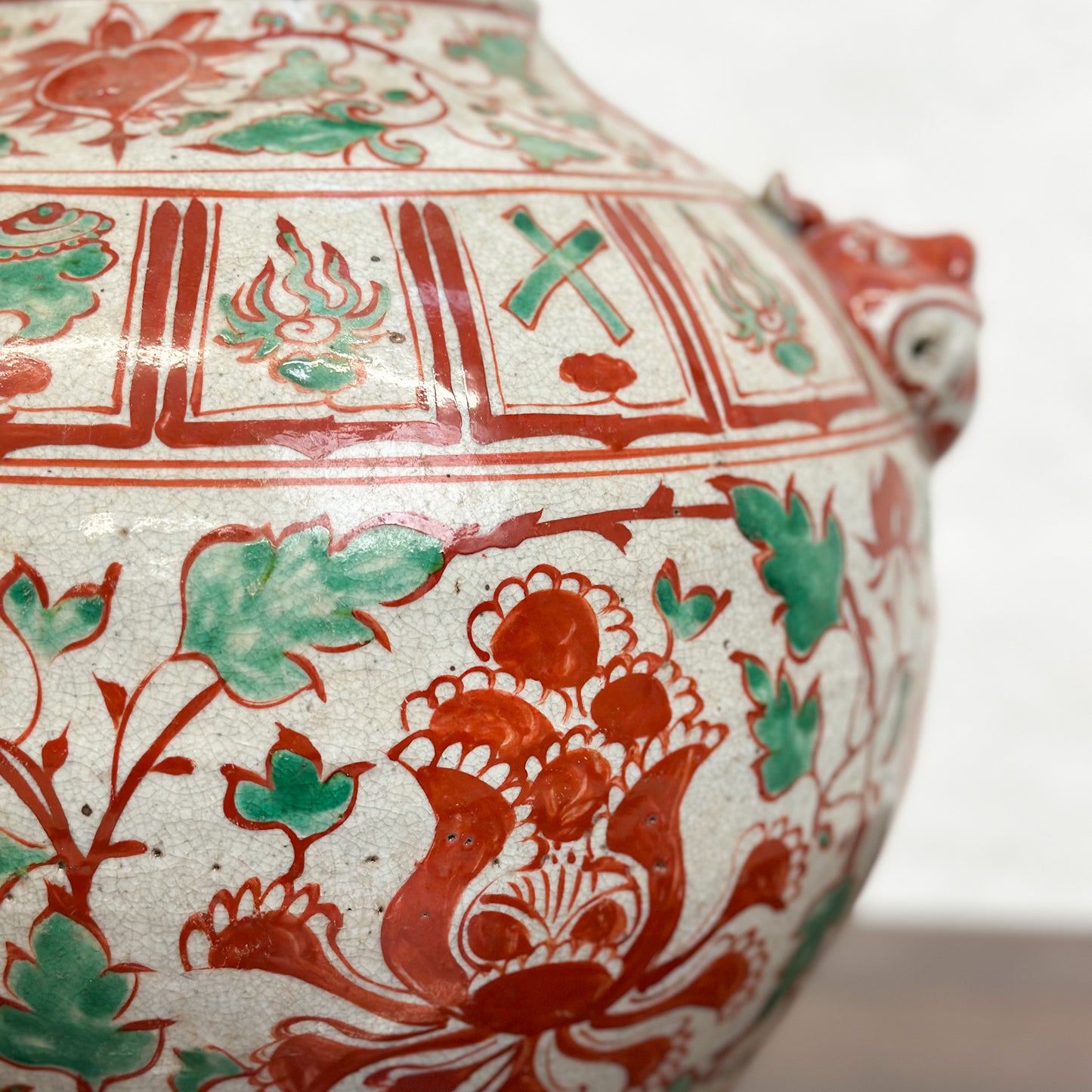 Squat Red & Green Vase with Foo Dog Handles