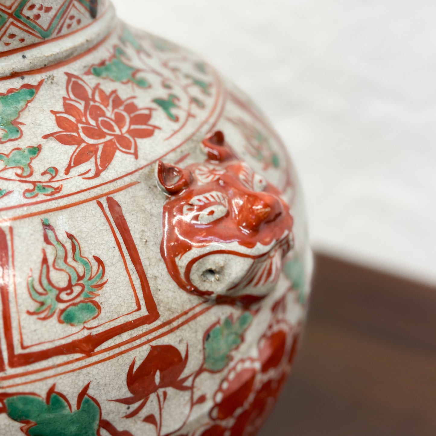 Squat Red & Green Vase with Foo Dog Handles