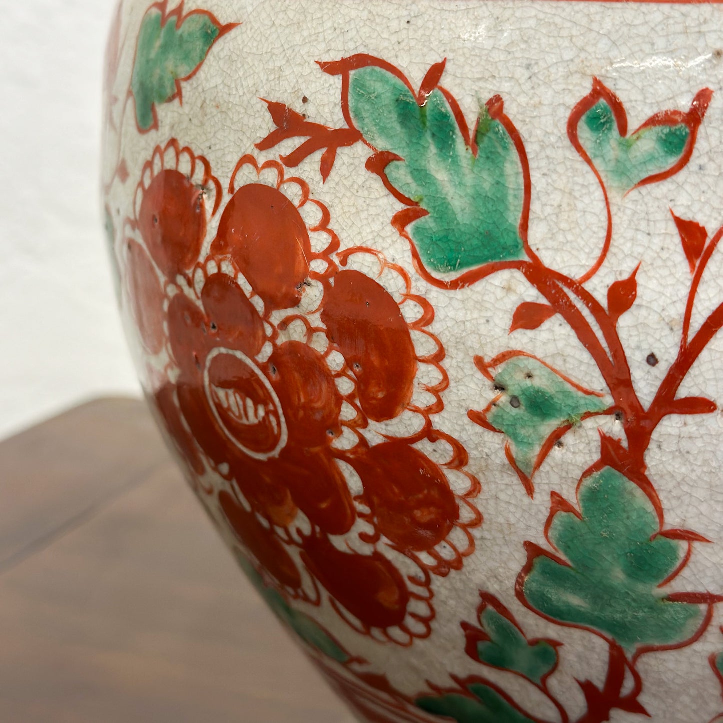 Squat Red & Green Vase with Foo Dog Handles
