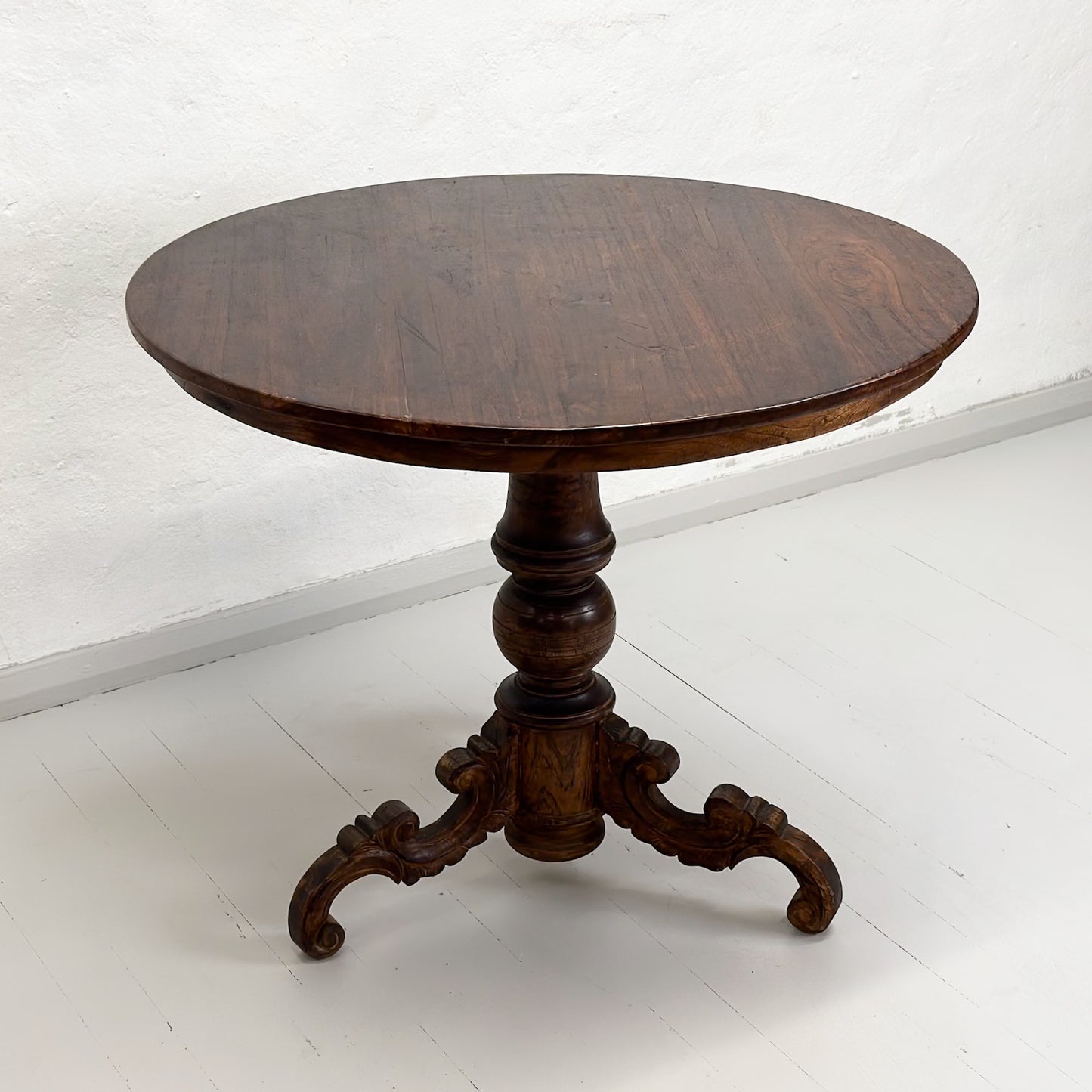 Vintage Teak Pedestal Table with Carved Foot