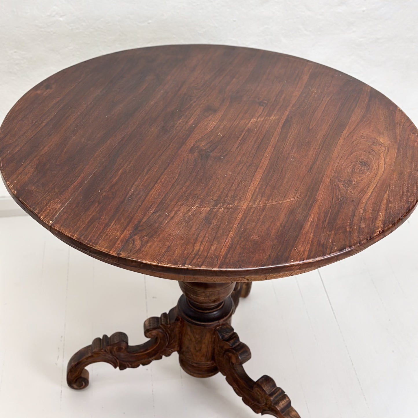 Vintage Teak Pedestal Table with Carved Foot