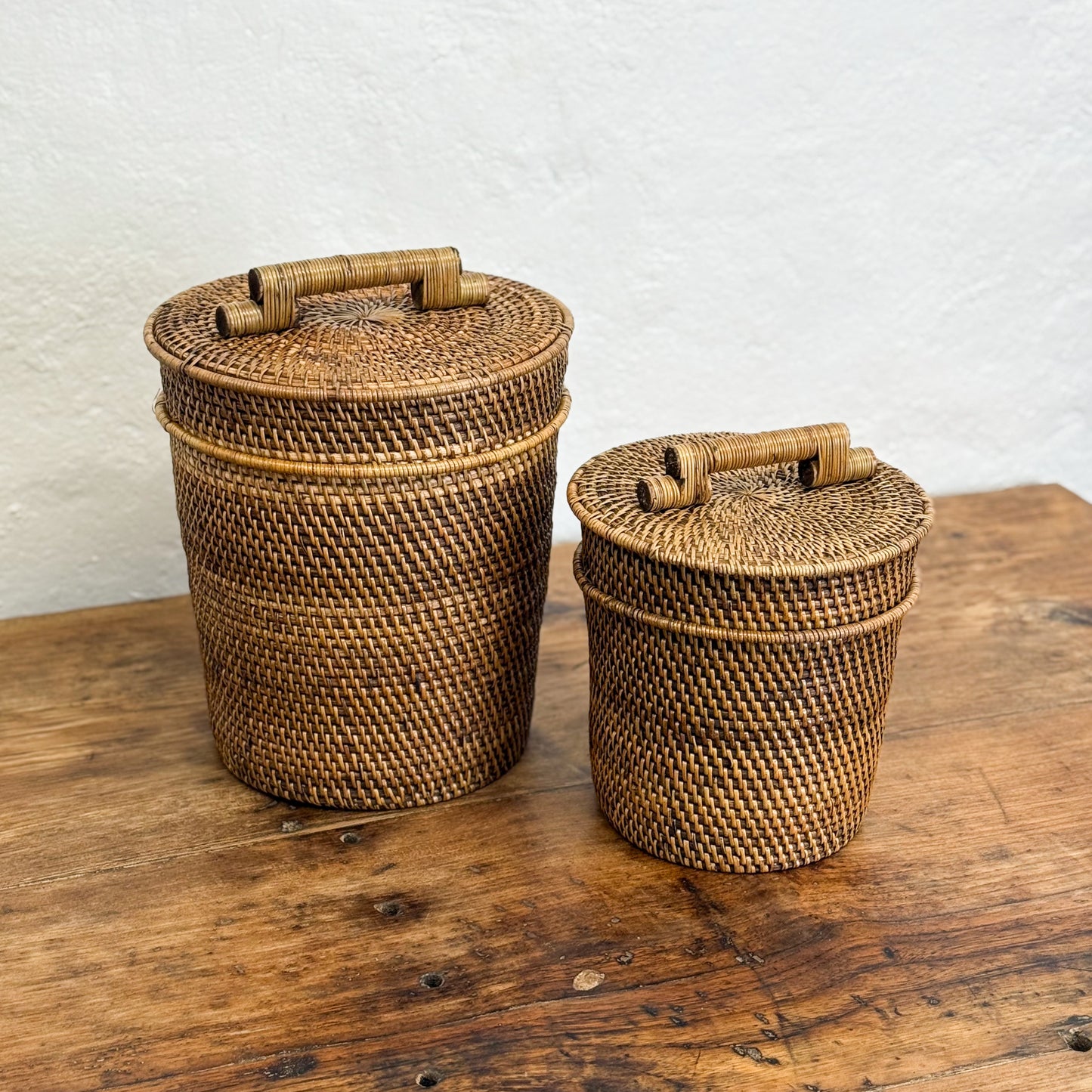 Tapered Rattan Basket Bin with Lid