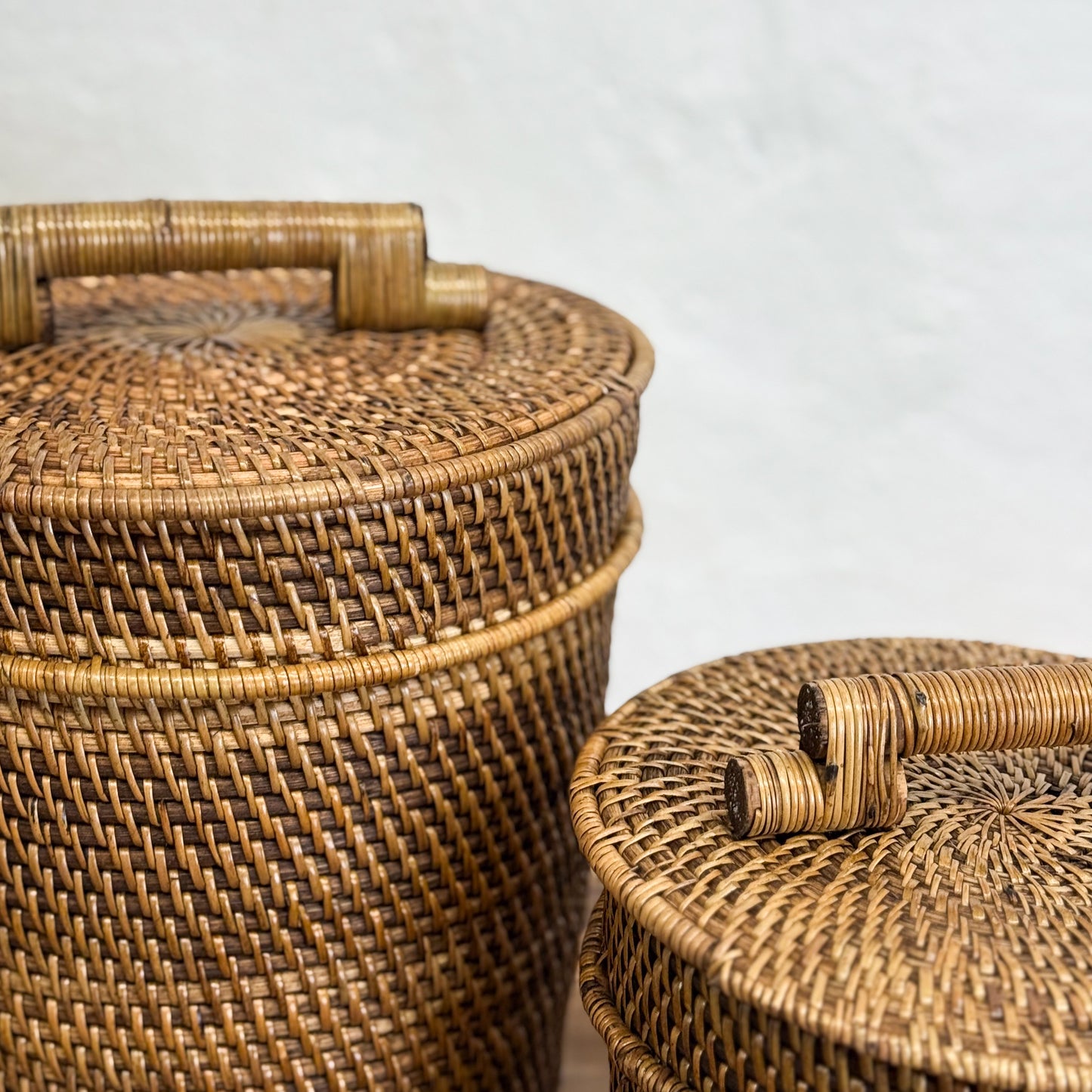 Tapered Rattan Basket Bin with Lid