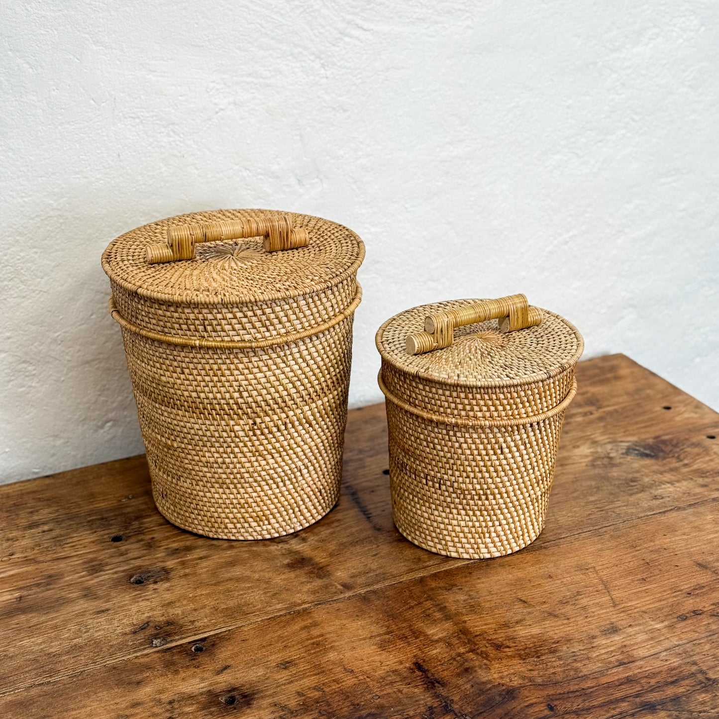 Tapered Rattan Basket Bin with Lid