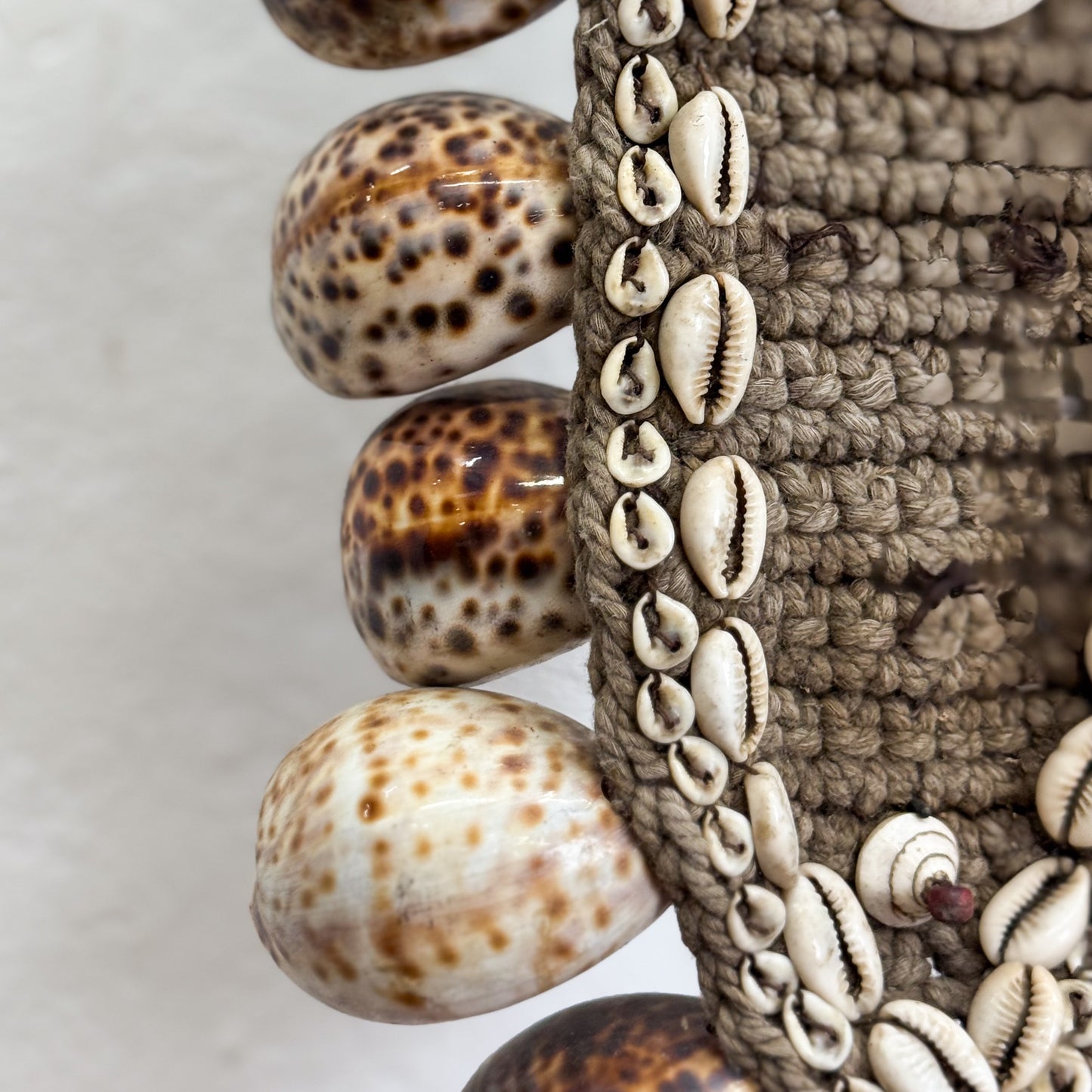 Decorative item with cowrie shells on a textured surface
