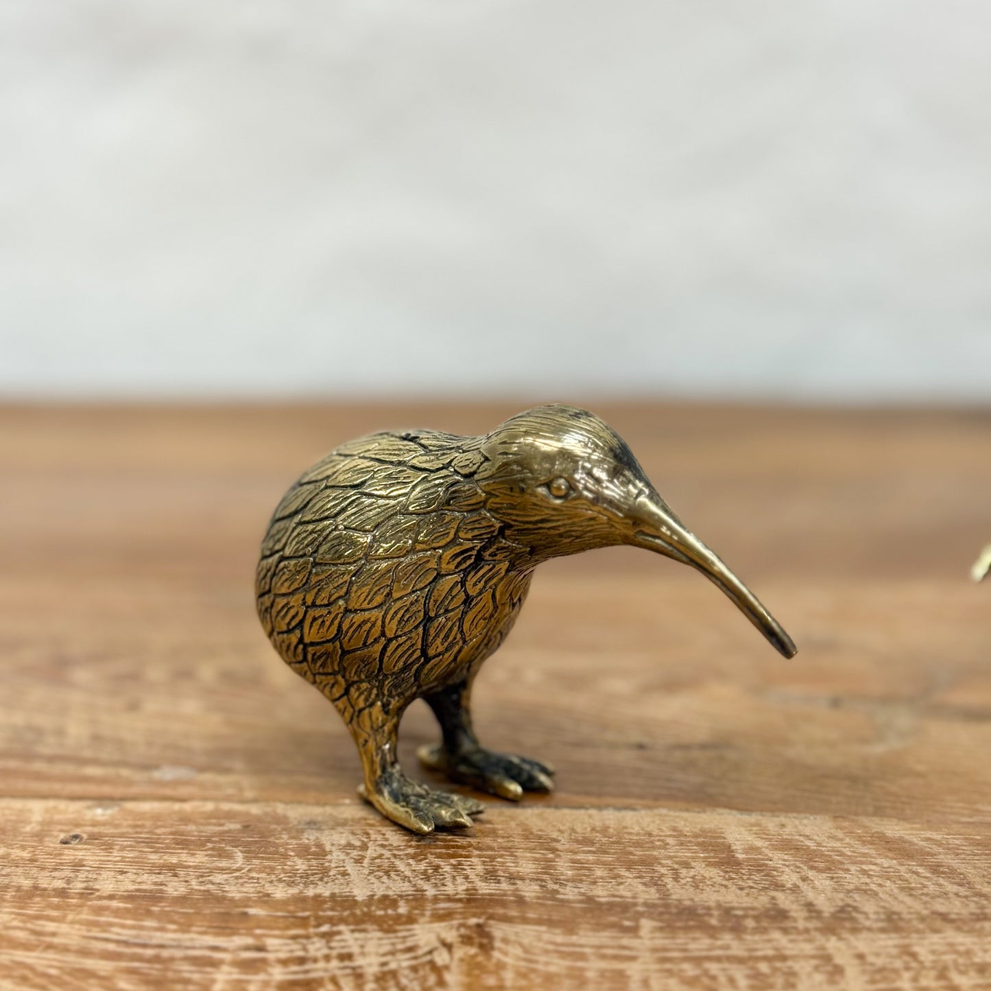 Bronze kiwi bird figurine on a wooden surface with a neutral background