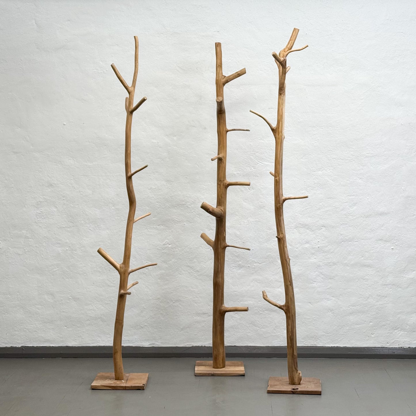 Three wooden branch-style coat racks against a white brick wall.