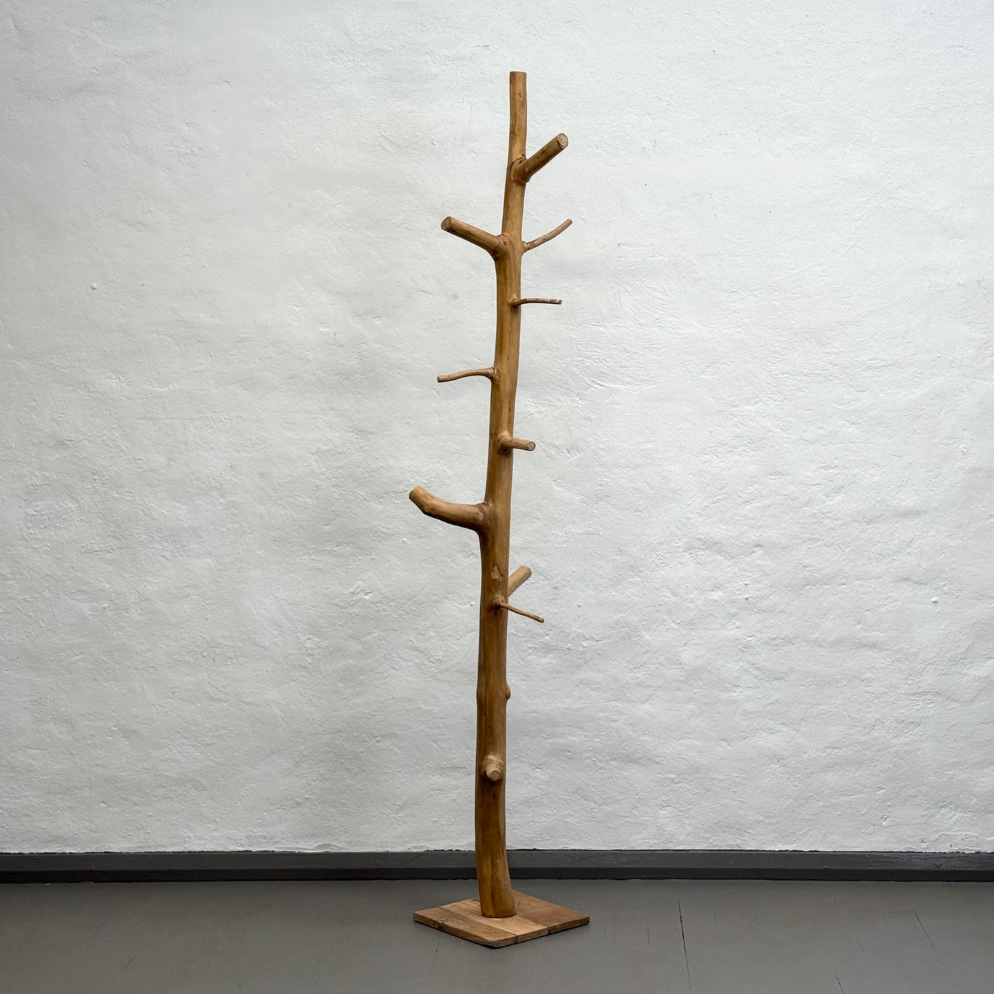 Wooden coat rack with natural branch design against a plain wall.