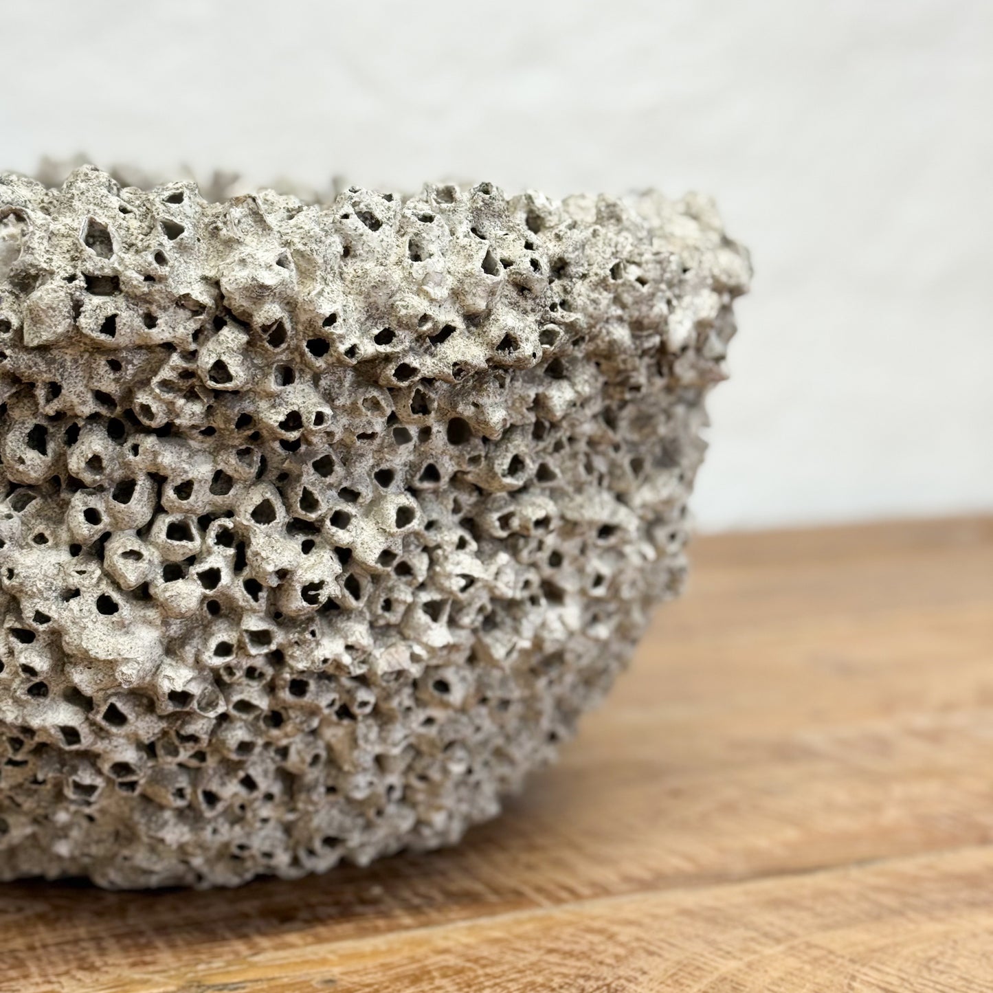 Textured stone bowl on a wooden surface with a neutral background