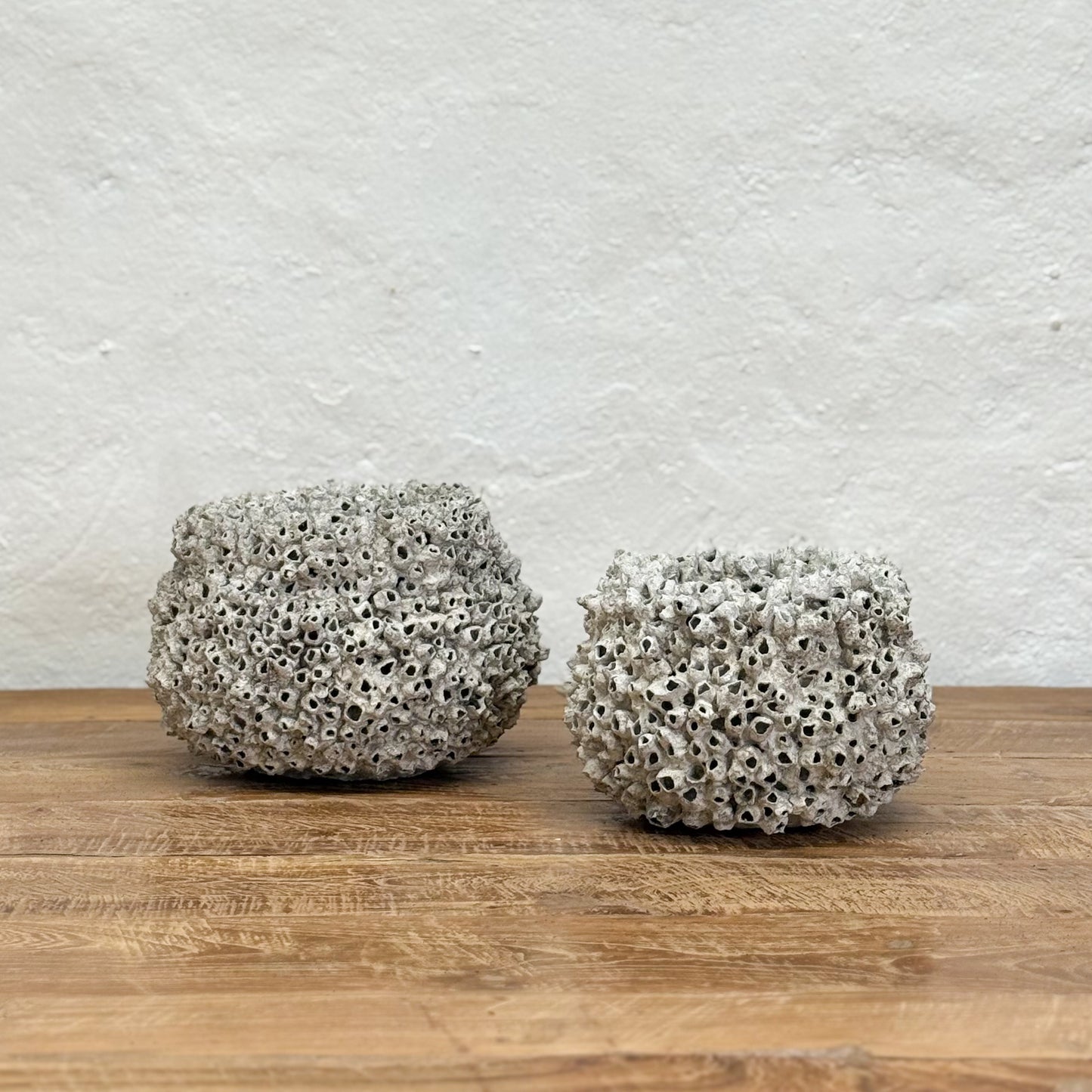 Two textured ceramic pots on a wooden surface with a light gray background