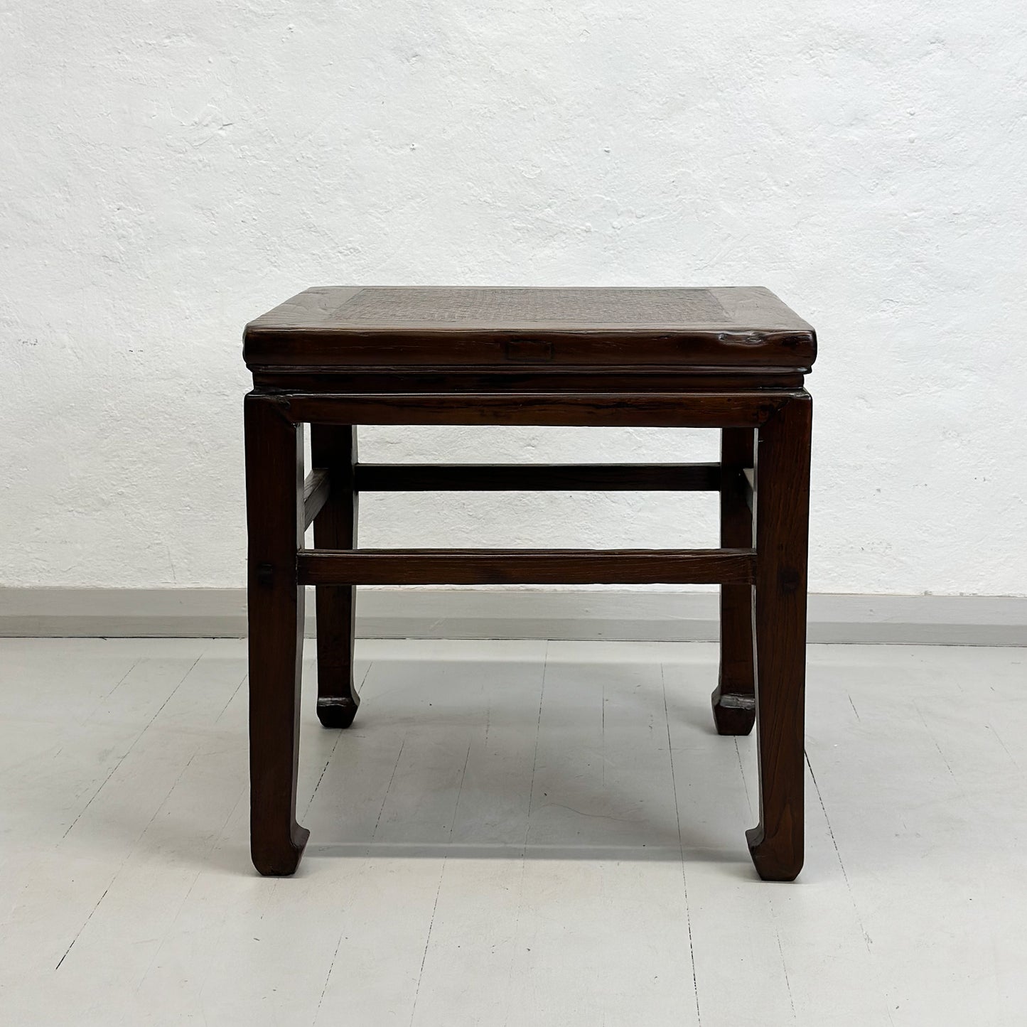 Vintage Rattan Inlay Side Table with Simple Stretcher Base