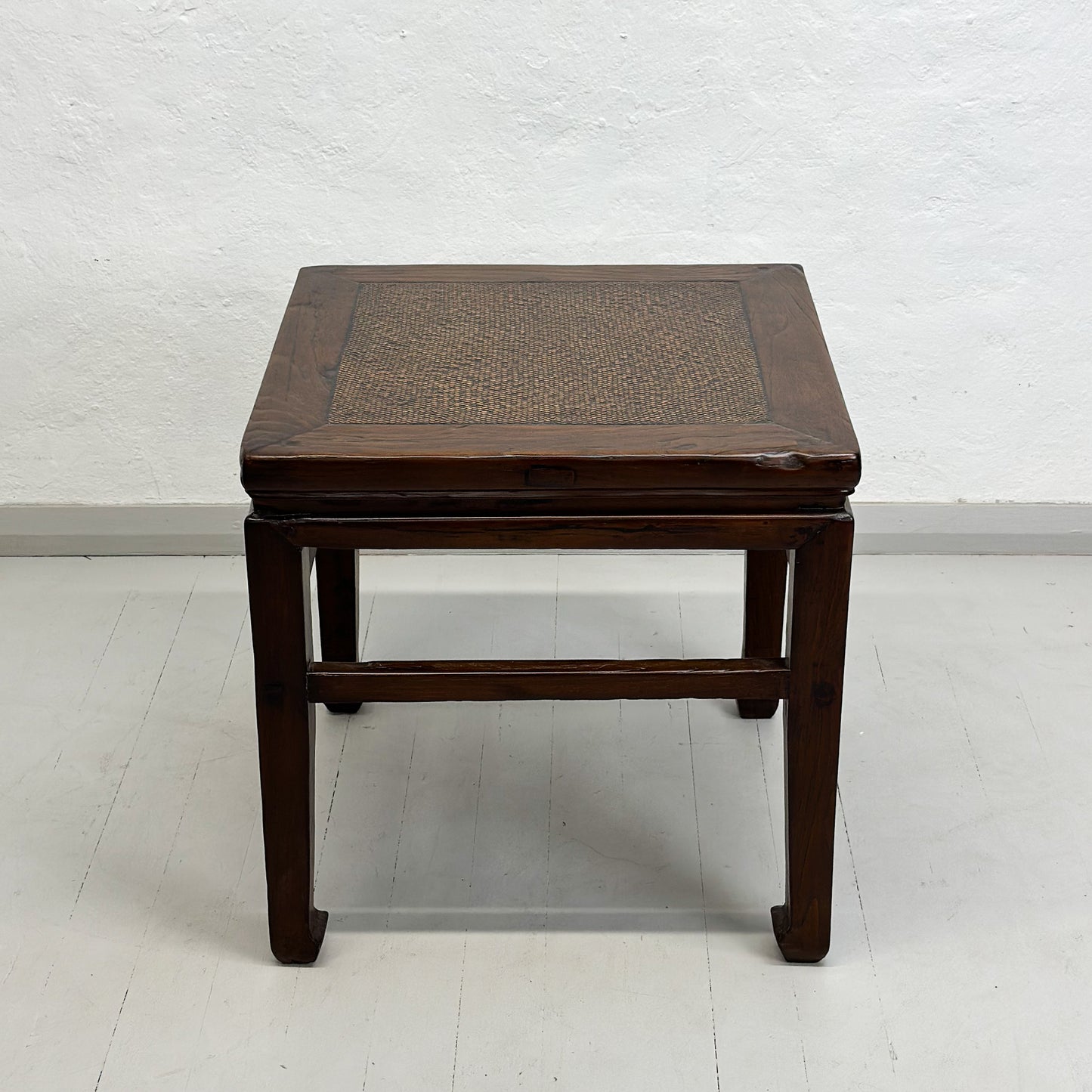 Vintage Rattan Inlay Side Table with Simple Stretcher Base