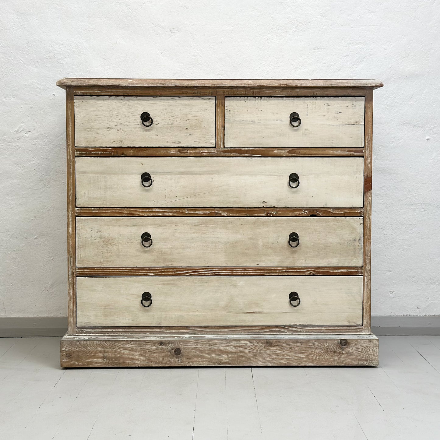 -Rustic-Distressed-Painted-5-Drawer-Chest-of-Drawers-Chinese-White-Natural-Vintage-Antique-Farmhouse
