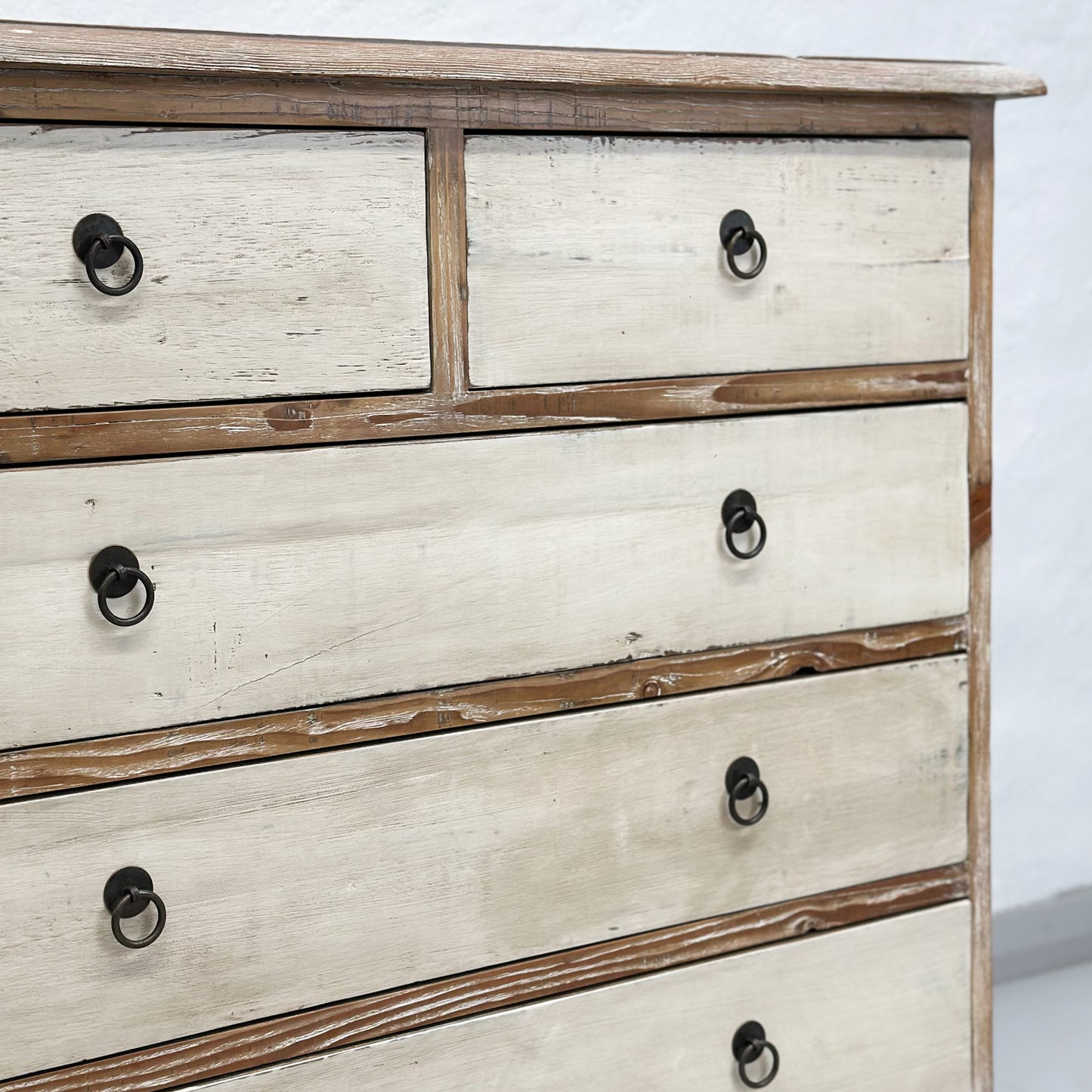 -Rustic-Distressed-Painted-5-Drawer-Chest-of-Drawers-Chinese-White-Natural-Vintage-Antique-Farmhouse