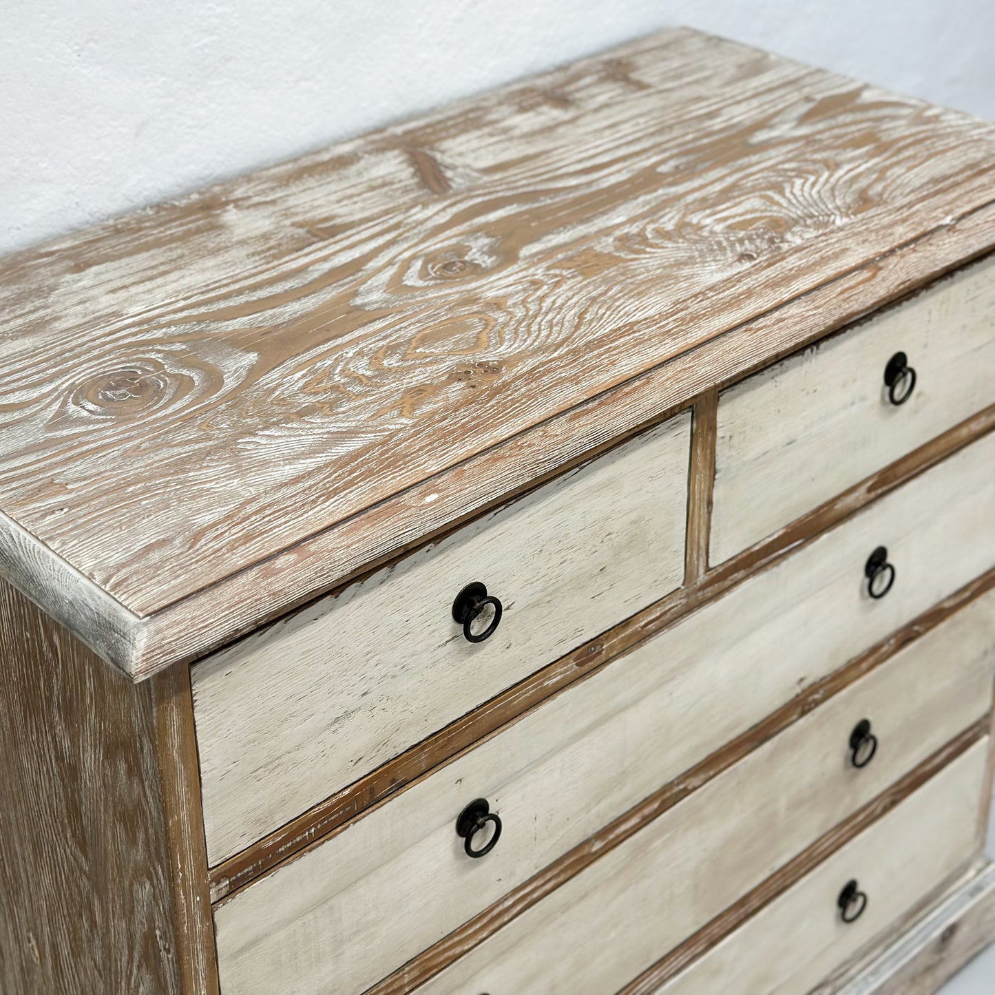 -Rustic-Distressed-Painted-5-Drawer-Chest-of-Drawers-Chinese-White-Natural-Vintage-Antique-Farmhouse