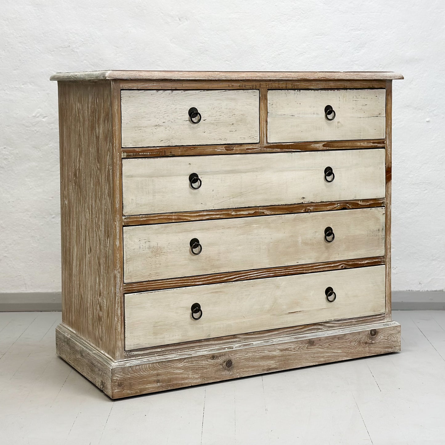 -Rustic-Distressed-Painted-5-Drawer-Chest-of-Drawers-Chinese-White-Natural-Vintage-Antique-Farmhouse
