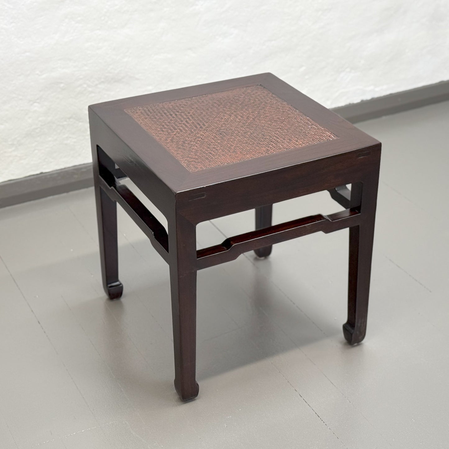 Vintage Elm Side Table with Rattan Inlay